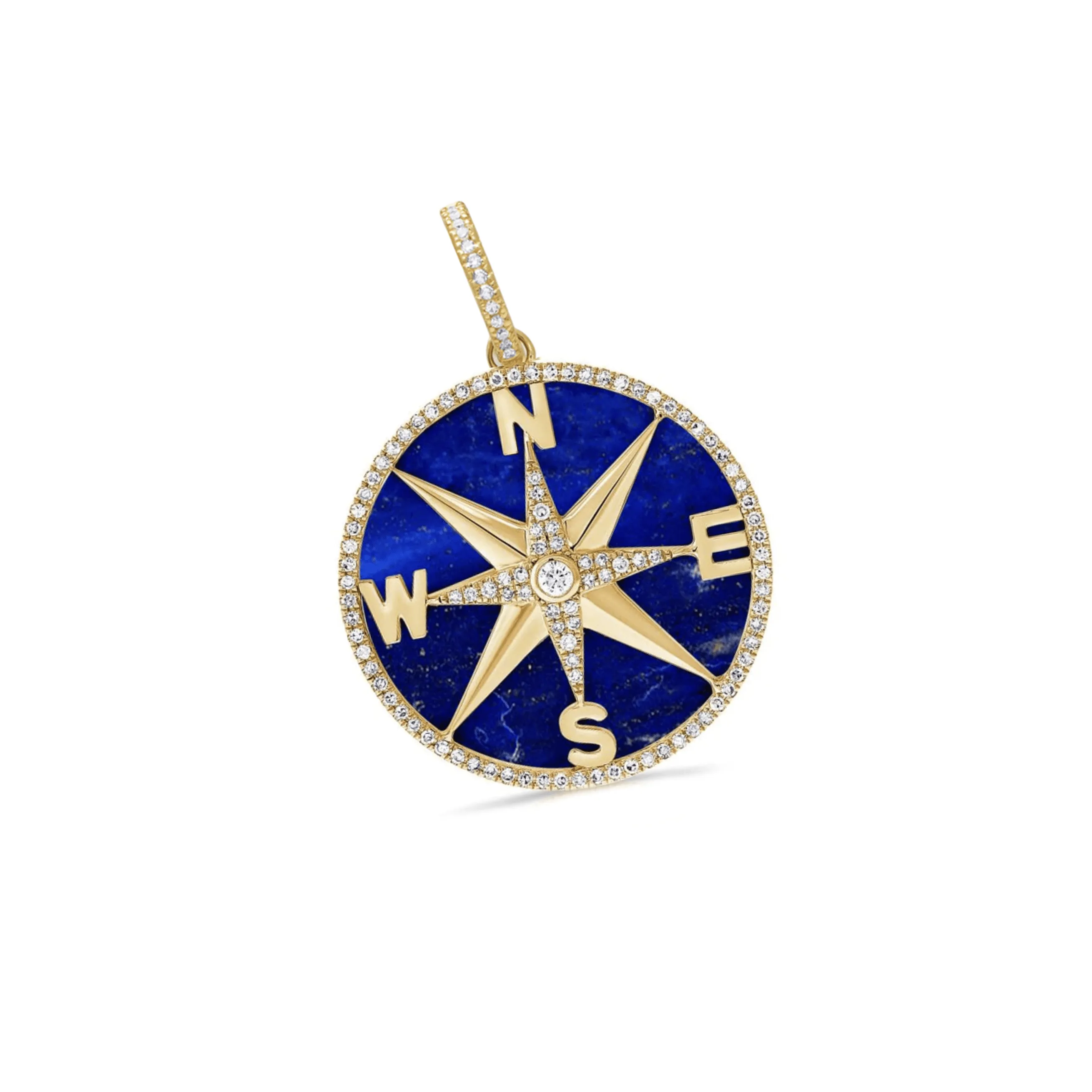 14K Gold Lapis and Pave Diamond Compass Charm, Medium