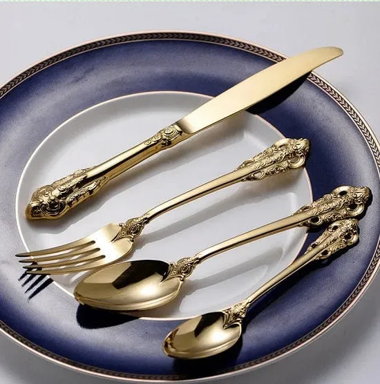 24 Karat Gold Plated Vintage Royal Cutlery Stainless Steel Dinnerware 24pcs  6 Users Set