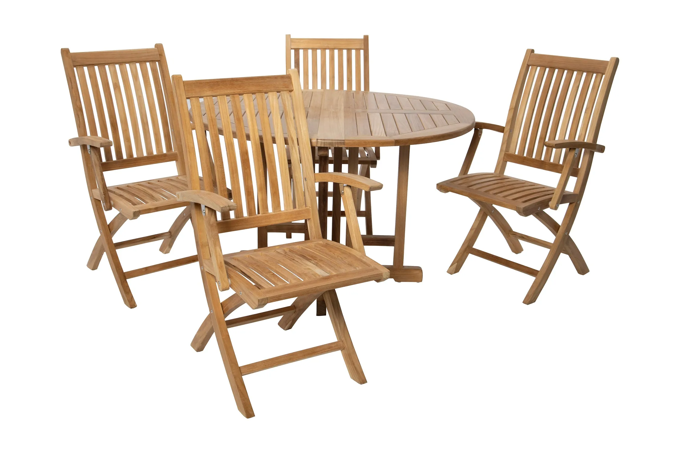 5 pc Lakeland Teak Folding Arm Chair Dining Set with 48" Round Drop Leaf Table