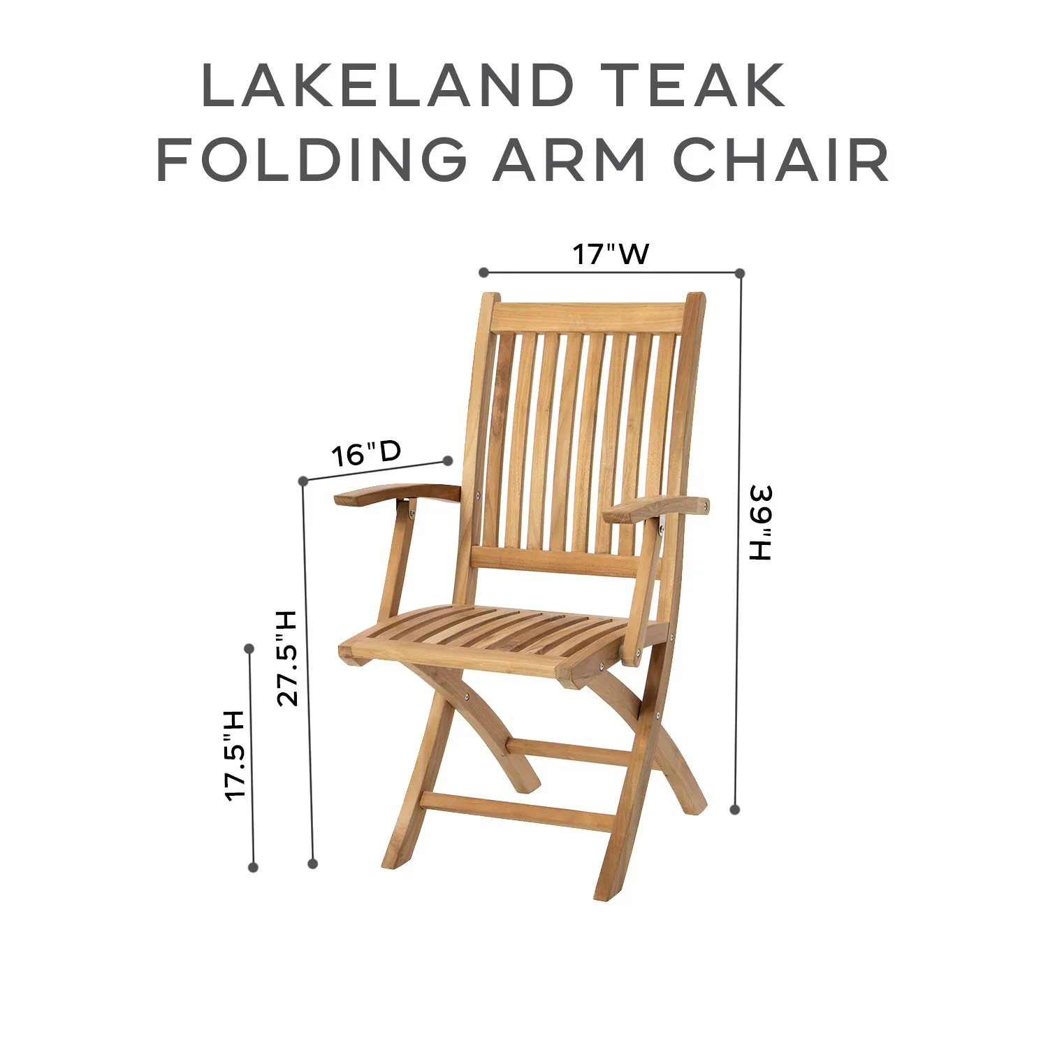 5 pc Lakeland Teak Folding Arm Chair Dining Set with 48" Round Drop Leaf Table