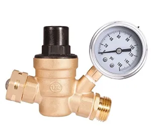 Adjustable Water Pressure Regulator with Gauge and Filter, Brass Lead-Free 3/4" NH Thread for Camper, RV Trailer