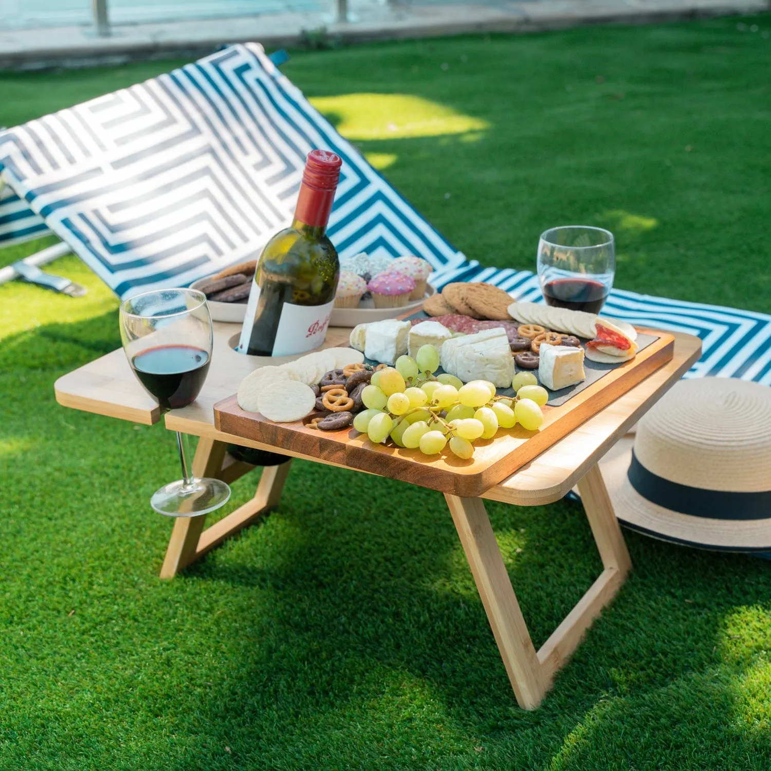 Bamboo Foldable Picnic Table Tray with Wine and Glass Holders