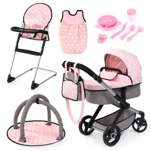 Bayer Xeo Doll's Stroller, High Chair, Sleeping Bag Pink-Grey 17030Ab