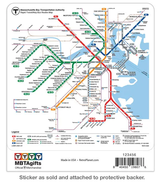 Boston MBTA Rapid Transit Map Sticker 4" x 4"