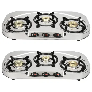 Candes Stainless Steel 3 Burner Manual Oval Gas Stove |Die Cast Alloy Tornado Burner | Gas stove Chulha| Gas Stove 3 burner Steel| LPG Compatible |ISI Certified | Door Step Service| Pack of 2