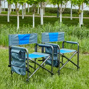 Elecwish 2-piece Padded Folding Outdoor Chair with Storage Pockets,Lightweight Oversized Directors Chair Blue/Grey