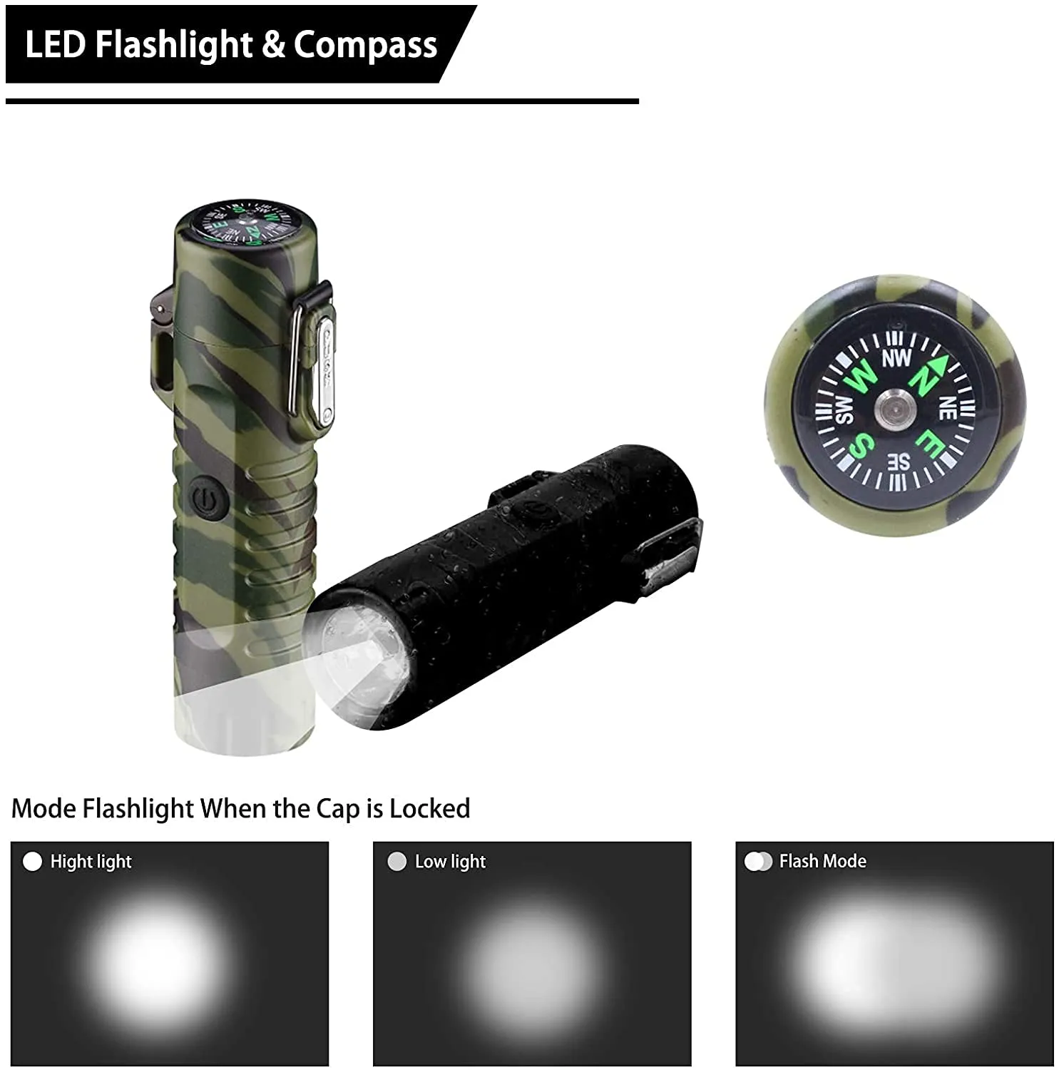 EzLife 3 in 1 Waterproof Rechargeable Electric Lighter with Flashlight & Compass, Dual Arc Plasma Beam Lighter-USB Rechargeable-Windproof-No Butane-Indoor & Outdoor Activities (Camouflage)