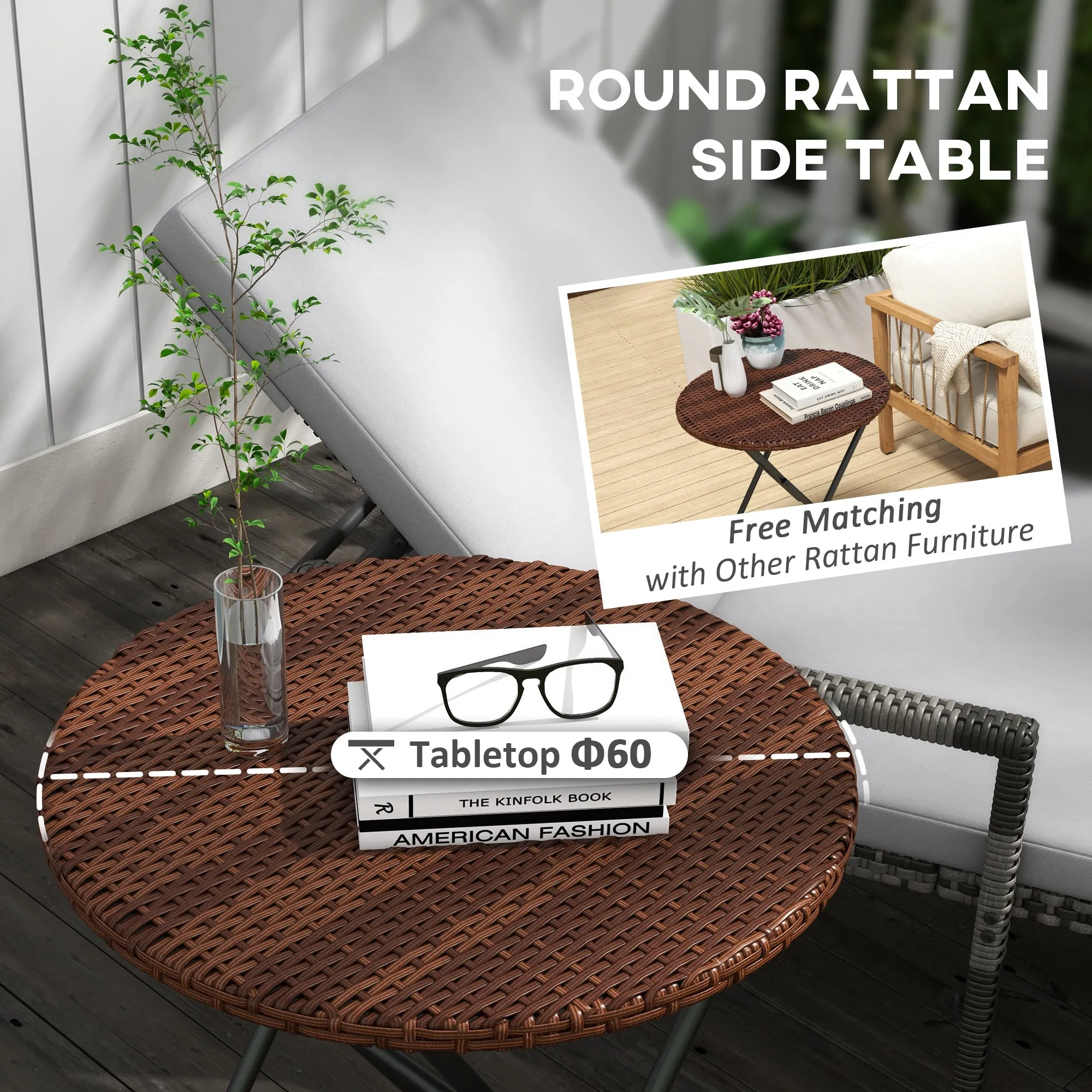 Foldable PE Rattan Outdoor Coffee Table, Metal Frame Wicker Round Side Table, Coffee Table Side Table for Lawn, Garden, Mixed Brown