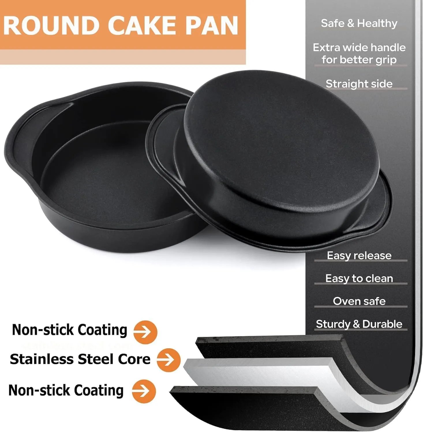 Kuber Industries 8 inch Non-Stick Cake Pan for Baking|Round Shape Cake Baking Mold|Side Handles-Pack of 2 (Black)