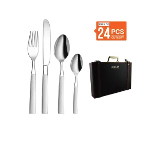 Stainless Steel 24 PCS Cutlery Set (6 Pcs Tea Spoon, 6 Pcs Dessert Spoon, 6 Pcs Dessert Fork and 6 Pcs Dessert Knife) with Leather Box Jewel