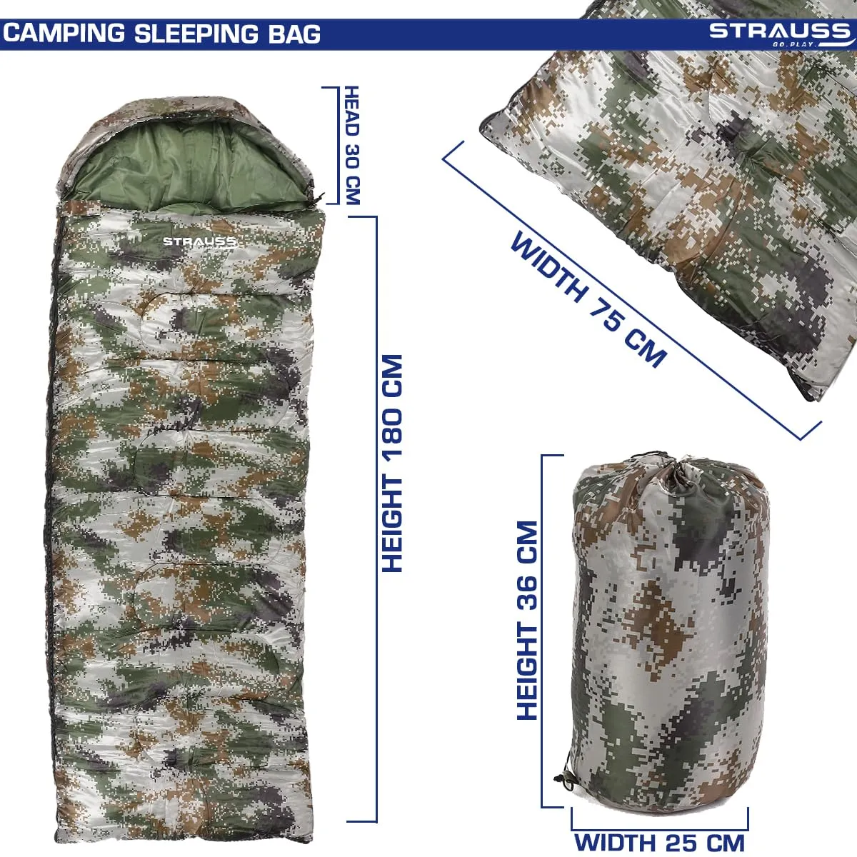 STRAUSS Camping Sleeping Bag -5°C to 5°C| Can Be Used in Summer, Spring and Winter | Lightweight and Portable | Ideal for Travel Camping Hiking and Trekking | for Adults & Kids,(Military Green)