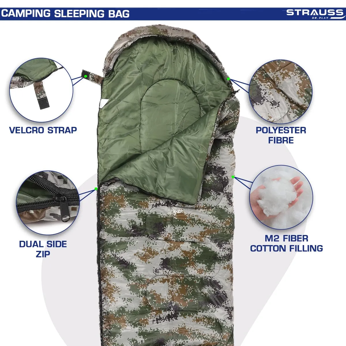 STRAUSS Camping Sleeping Bag -5°C to 5°C| Can Be Used in Summer, Spring and Winter | Lightweight and Portable | Ideal for Travel Camping Hiking and Trekking | for Adults & Kids,(Military Green)