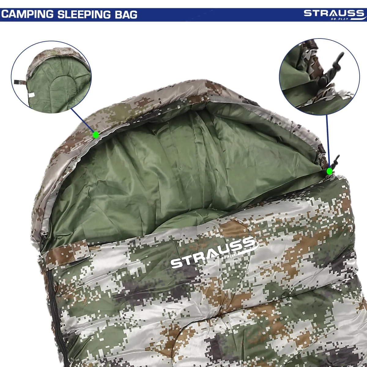 STRAUSS Camping Sleeping Bag -5°C to 5°C| Can Be Used in Summer, Spring and Winter | Lightweight and Portable | Ideal for Travel Camping Hiking and Trekking | for Adults & Kids,(Military Green)