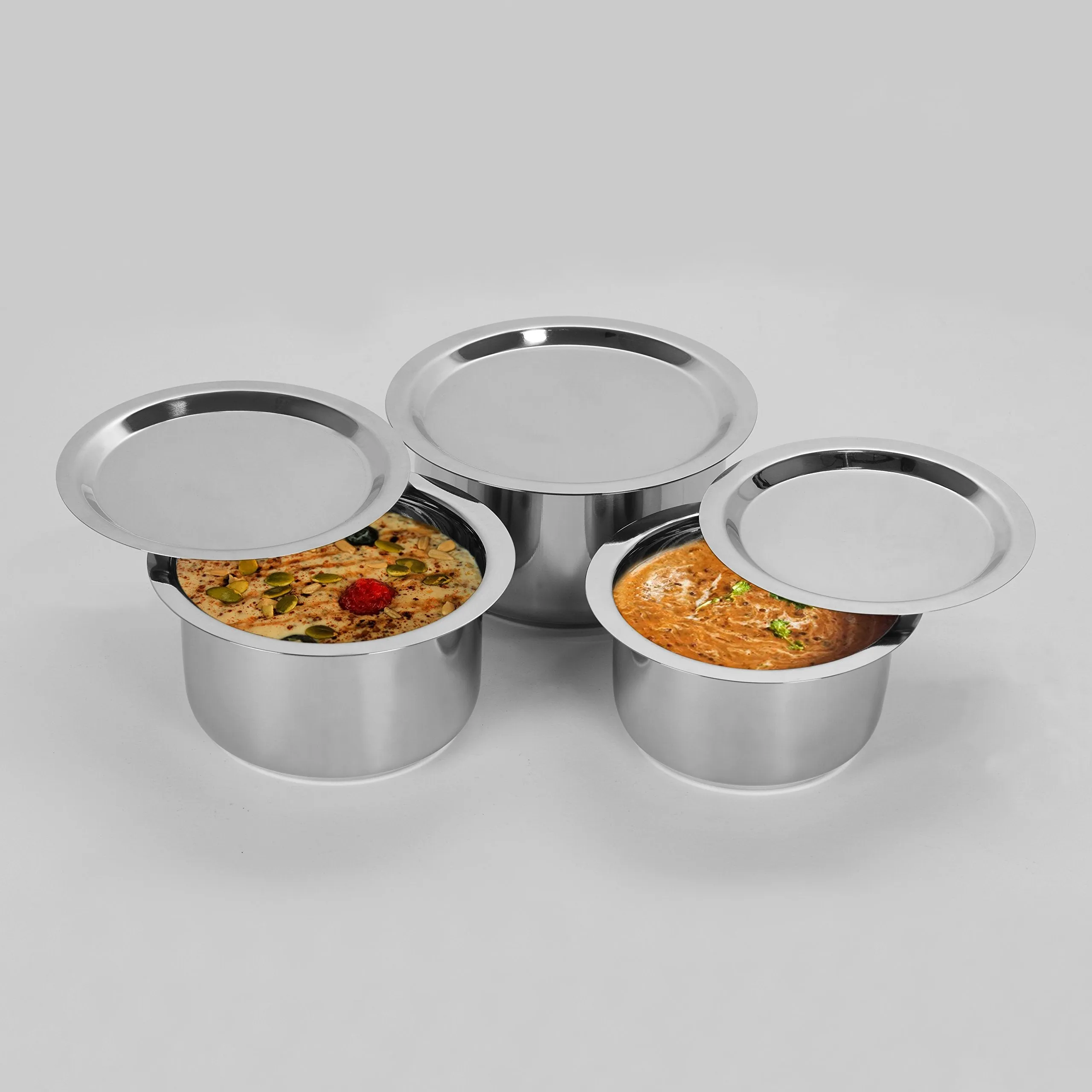 Sumeet Stainless Steel Tope Set with Lid; 1L ; 1.4L; 1.8L; Set of 3 Pieces, Silver