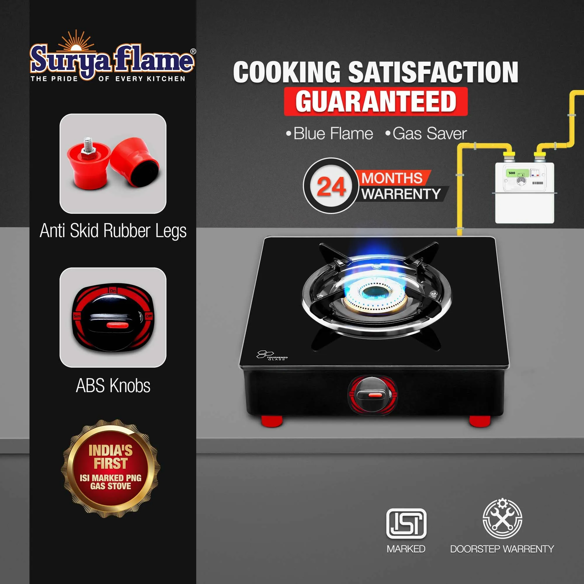 Surya Flame Smart 1 Burner Glass Top Chulha chulha Black Manual Ignition India's First PNG Gas Stove, ISI Certified Direct Pipeline Gas 2 Year Doorstep Warranty Including Glass