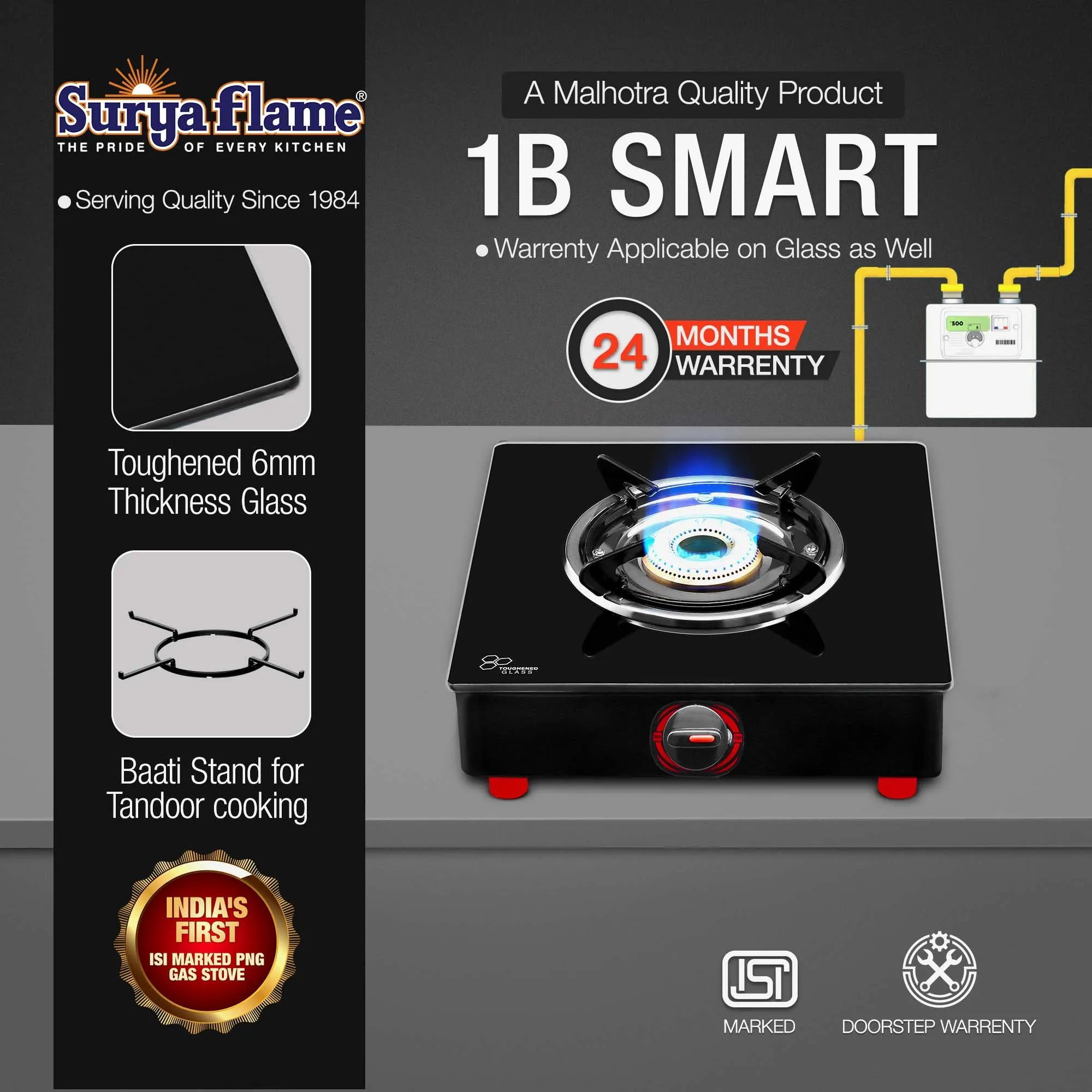 Surya Flame Smart 1 Burner Glass Top Chulha chulha Black Manual Ignition India's First PNG Gas Stove, ISI Certified Direct Pipeline Gas 2 Year Doorstep Warranty Including Glass