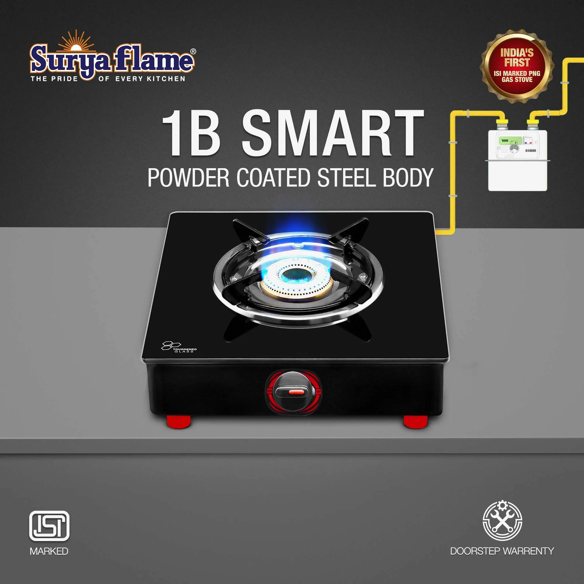 Surya Flame Smart 1 Burner Glass Top Chulha chulha Black Manual Ignition India's First PNG Gas Stove, ISI Certified Direct Pipeline Gas 2 Year Doorstep Warranty Including Glass