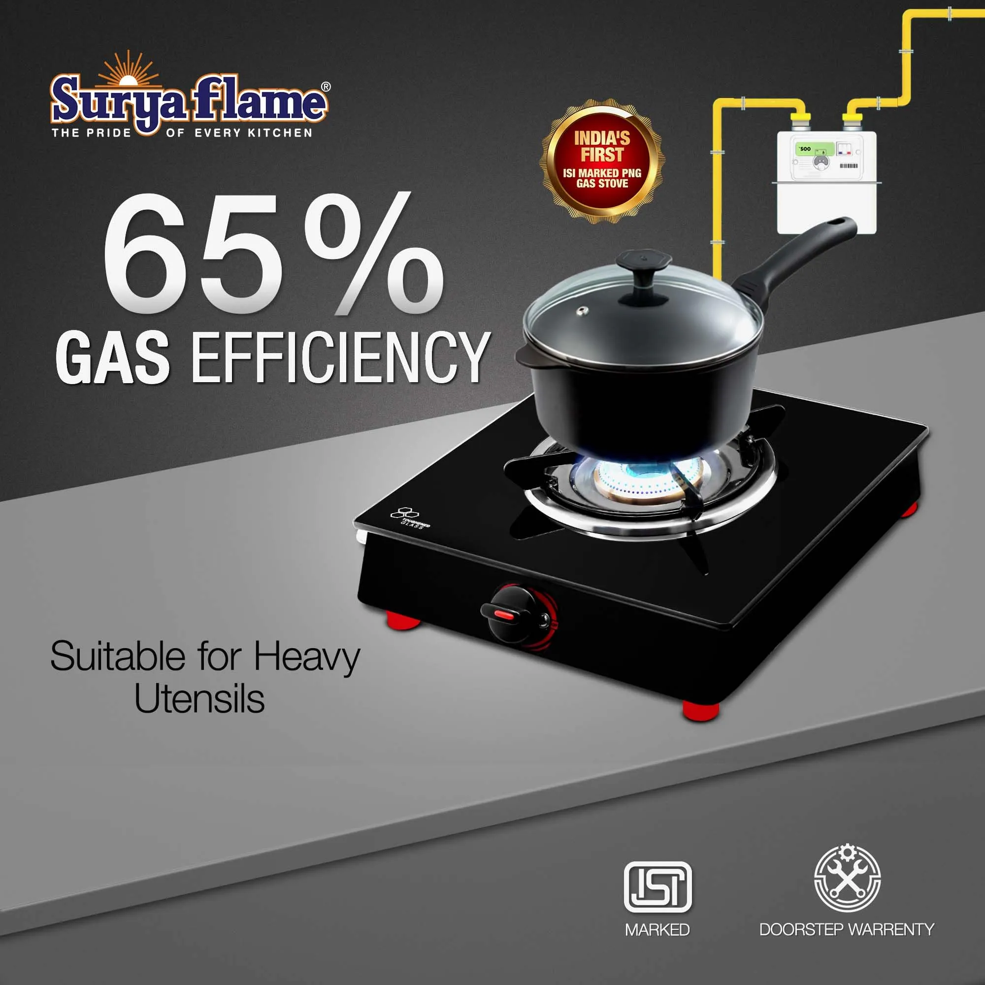 Surya Flame Smart 1 Burner Glass Top Chulha chulha Black Manual Ignition India's First PNG Gas Stove, ISI Certified Direct Pipeline Gas 2 Year Doorstep Warranty Including Glass