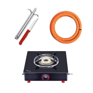 Surya Flame Smart Gas Stove 1 Burner Glass Top LPG Stove | LPG Gas Dual Layer Rubber Hose Pipe 1.5M | Premier Stainless Steel Gas Lighter with Knife