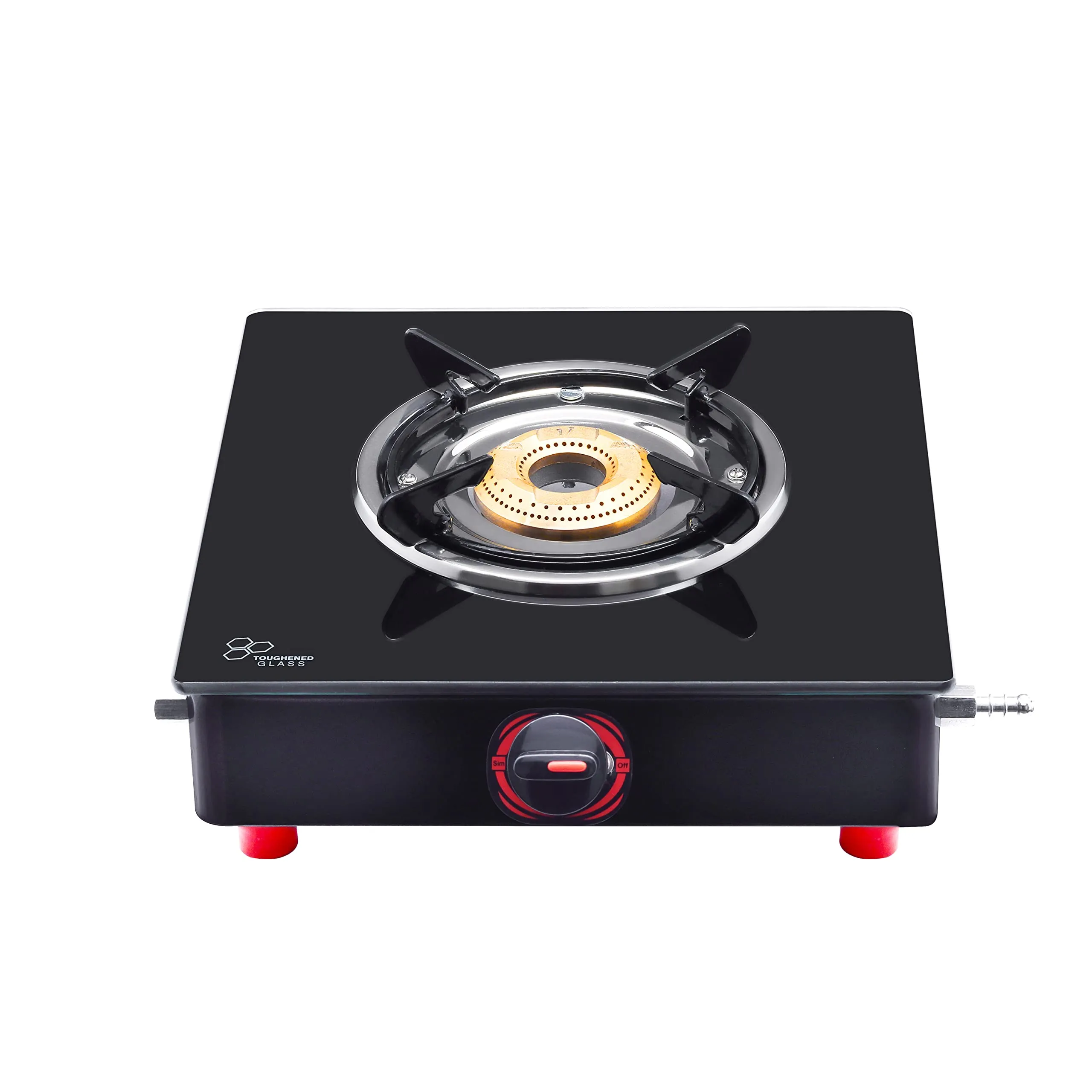 Surya Flame Smart Gas Stove 1 Burner Glass Top LPG Stove | LPG Gas Dual Layer Rubber Hose Pipe 1.5M | Premier Stainless Steel Gas Lighter with Knife