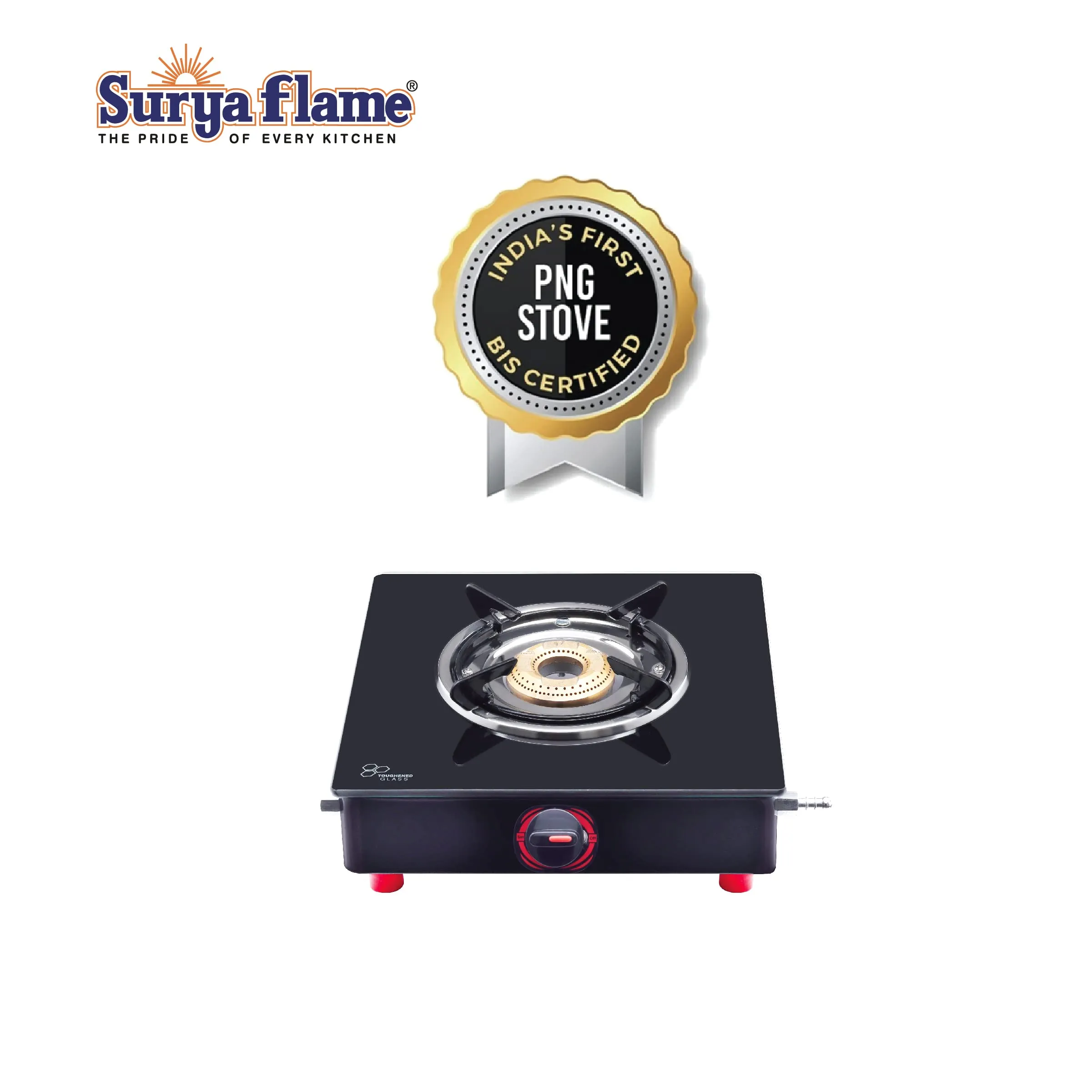 Surya Flame Smart Gas Stove 1 Burner Glass Top PNG Stove | LPG Gas Dual Layer Rubber Hose Pipe 1.5M | Chrome Stainless Steel Gas Lighter (Pack of 2)