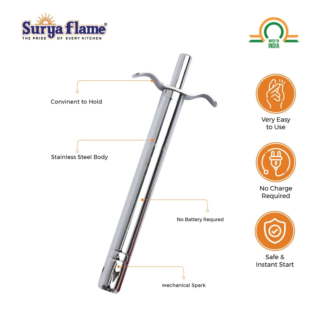 Surya Flame Smart Gas Stove 1 Burner Glass Top PNG Stove | LPG Gas Dual Layer Rubber Hose Pipe 1.5M | Chrome Stainless Steel Gas Lighter (Pack of 2)