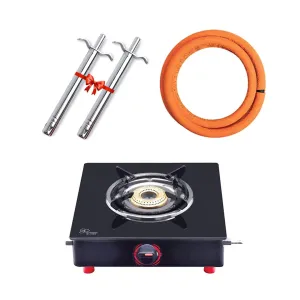 Surya Flame Smart Gas Stove 1 Burner Glass Top PNG Stove | LPG Gas Dual Layer Rubber Hose Pipe 1.5M | Chrome Stainless Steel Gas Lighter (Pack of 2)