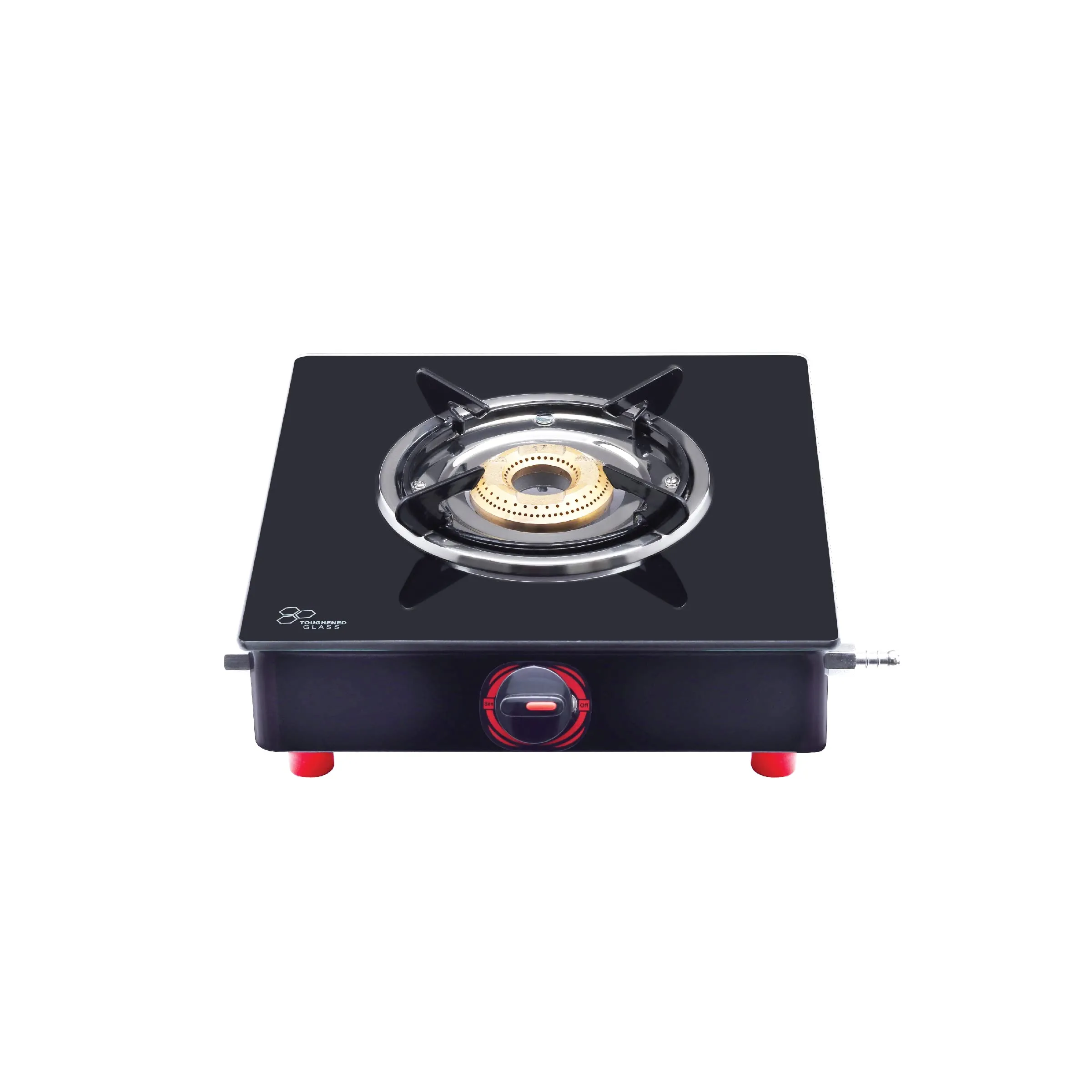 Surya Flame Smart Gas Stove 1 Burner Glass Top PNG Stove | LPG Gas Dual Layer Rubber Hose Pipe 1.5M | Premier Stainless Steel Gas Lighter with Knife