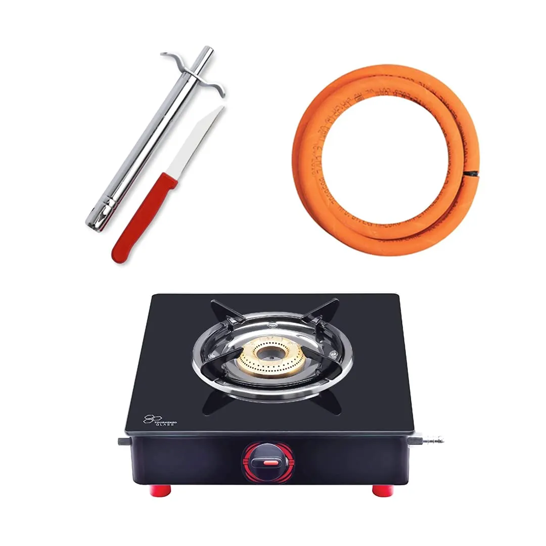 Surya Flame Smart Gas Stove 1 Burner Glass Top PNG Stove | LPG Gas Dual Layer Rubber Hose Pipe 1.5M | Premier Stainless Steel Gas Lighter with Knife