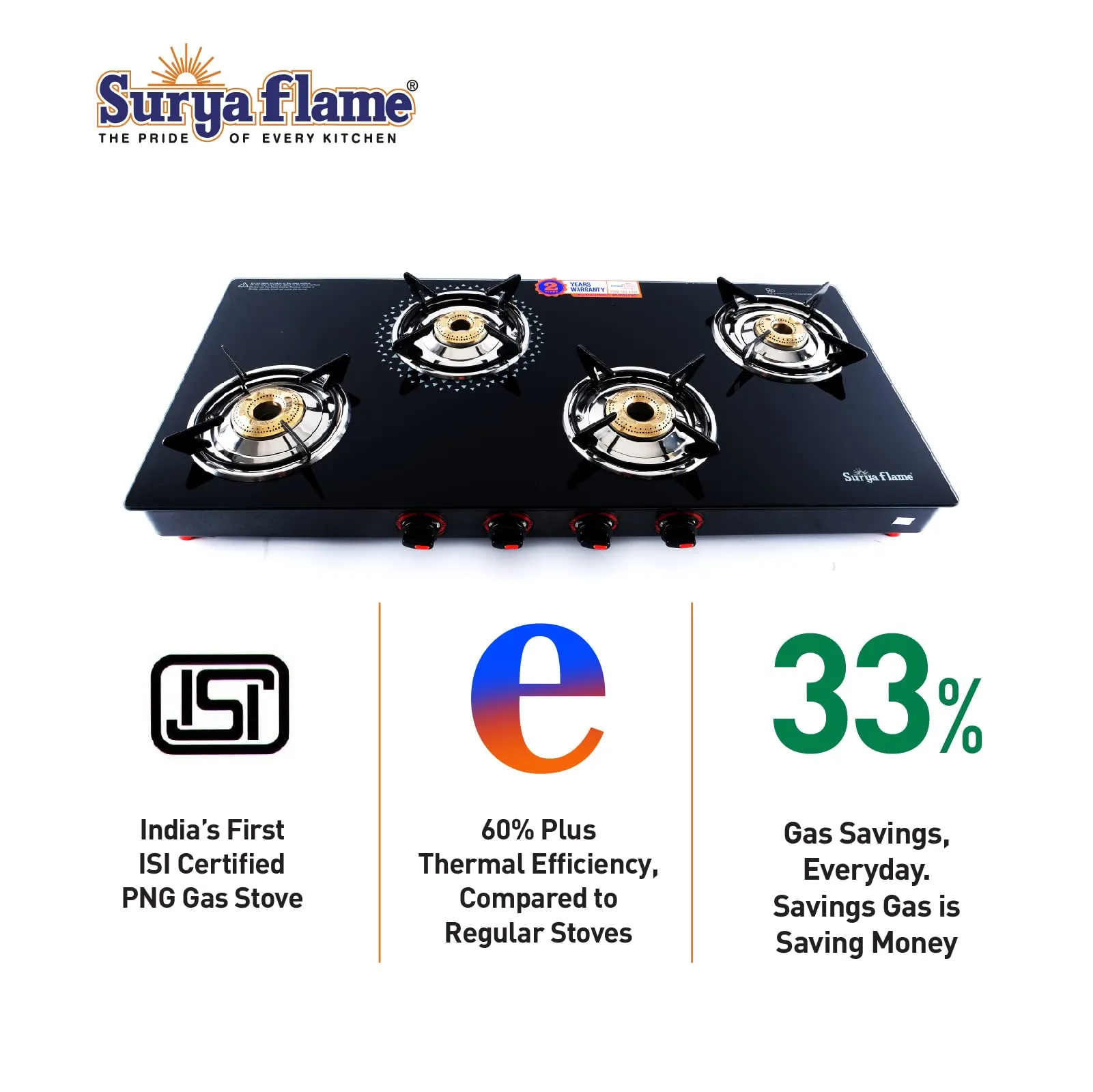 Surya Flame Smart Gas Stove 4 Burners With Glass Top | LPG Gas Dual Layer Rubber Hose Pipe 1.5M | Premier Stainless Steel Gas Lighter with Knife