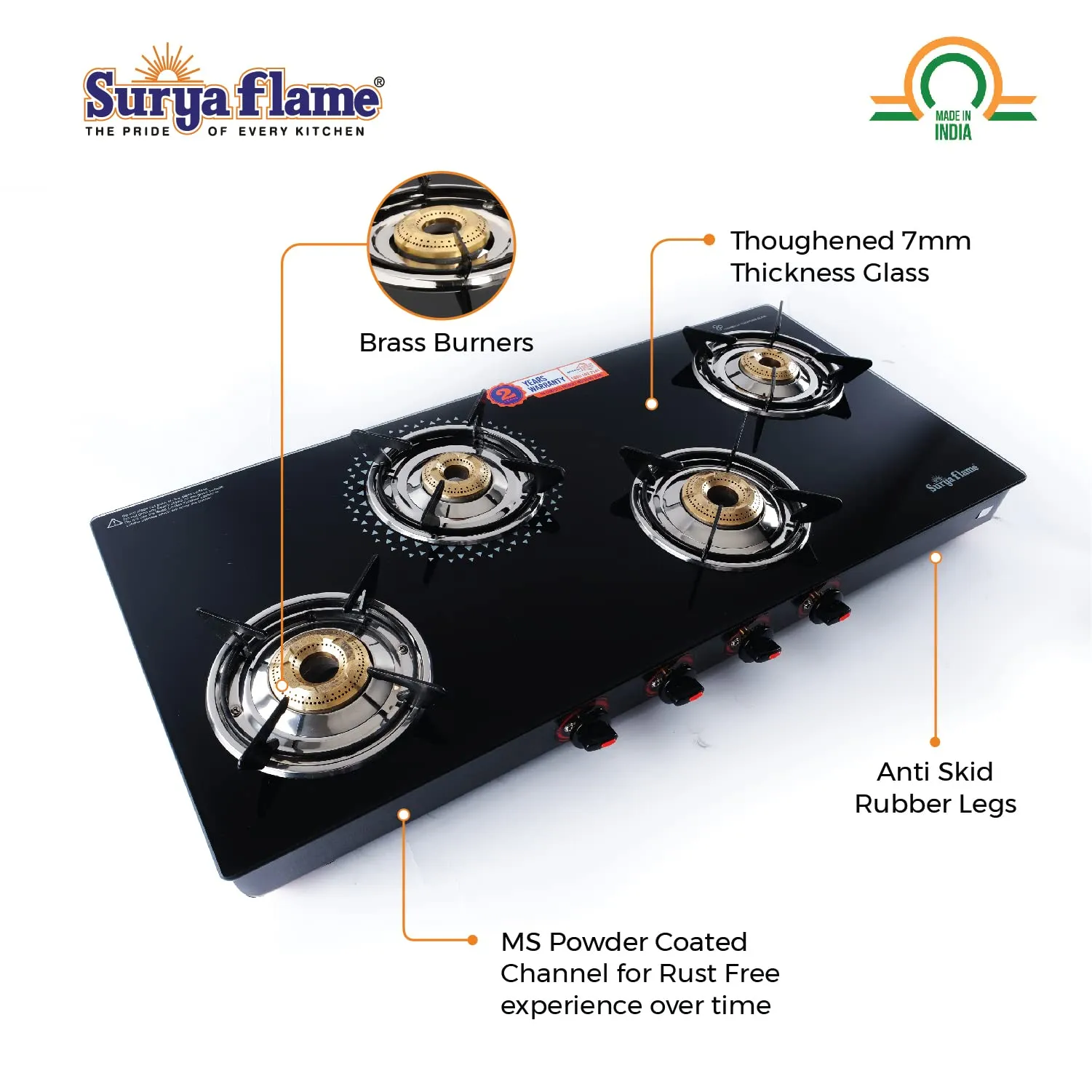 Surya Flame Smart Gas Stove 4 Burners With Glass Top | LPG Gas Dual Layer Rubber Hose Pipe 1.5M | Stainless Steel Elegant Gas Stove Lighter With Knife, Peeler Knife and Shredder (Pack of 4)