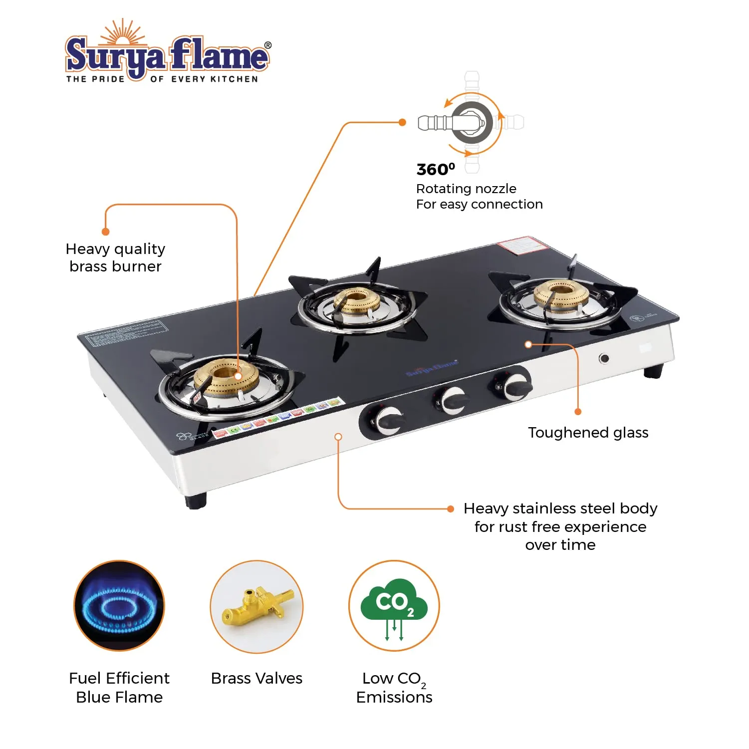 Surya Flame Supreme Gas Stove 3 Burners Glass Top LPG Stove | LPG Gas Dual Layer Rubber Hose Pipe 1.5M | Stainless Steel Elegant Gas Stove Lighter With Knife, Peeler Knife and Shredder (Pack of 4)