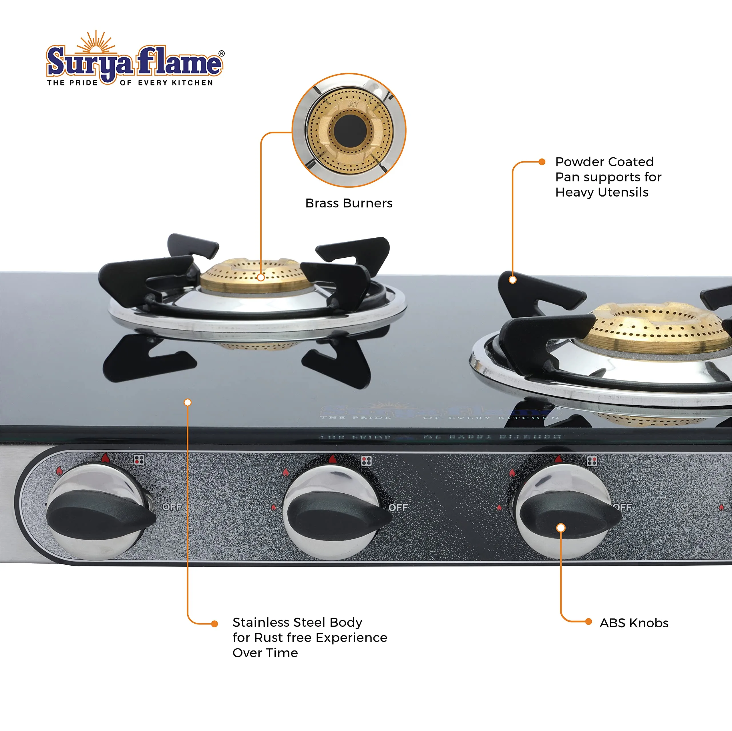 Surya Flame Supreme Gas Stove 4 Burners Glass Top LPG Stove | LPG Gas Dual Layer Rubber Hose Pipe 1.5M | Premier Stainless Steel Gas Lighter with Knife