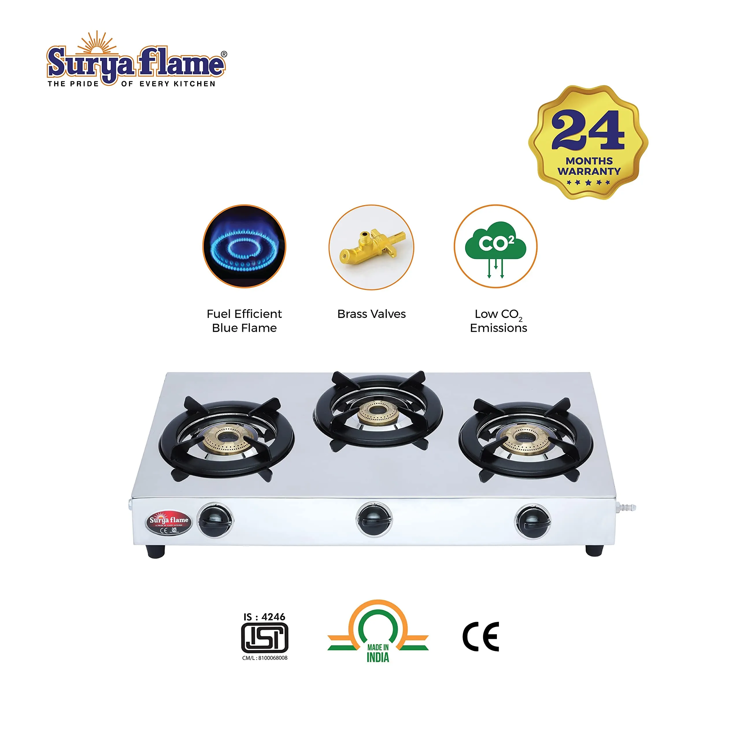 Surya Flame Triple Cook Gas Stove 3 Burners | Stainless Steel Body | Manual LPG Gas Stove | Sleek Desing Body With Anti Skid Rubber Legs - 2 Years Complete Doorstep Warranty (2)