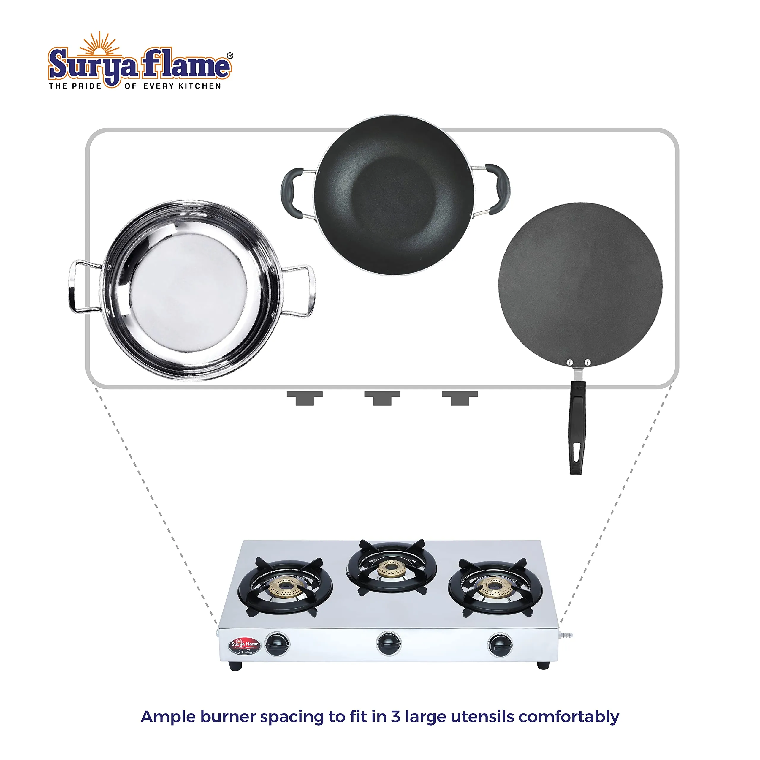 Surya Flame Triple Cook Gas Stove 3 Burners | Stainless Steel Body | Manual LPG Gas Stove | Sleek Desing Body With Anti Skid Rubber Legs - 2 Years Complete Doorstep Warranty (2)