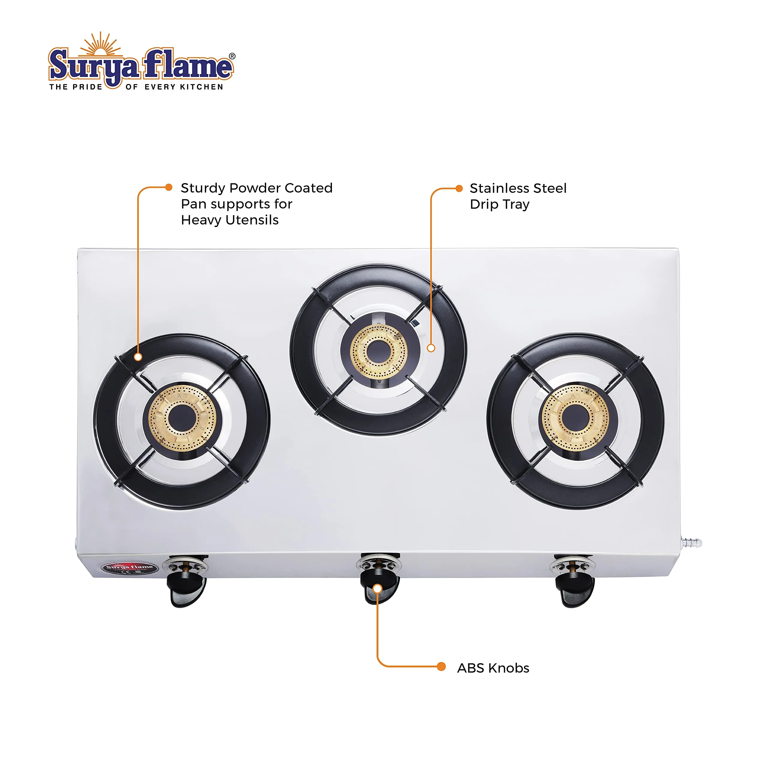 Surya Flame Triple Cook Gas Stove 3 Burners | Stainless Steel Body | Manual LPG Gas Stove | Sleek Desing Body With Anti Skid Rubber Legs - 2 Years Complete Doorstep Warranty (2)