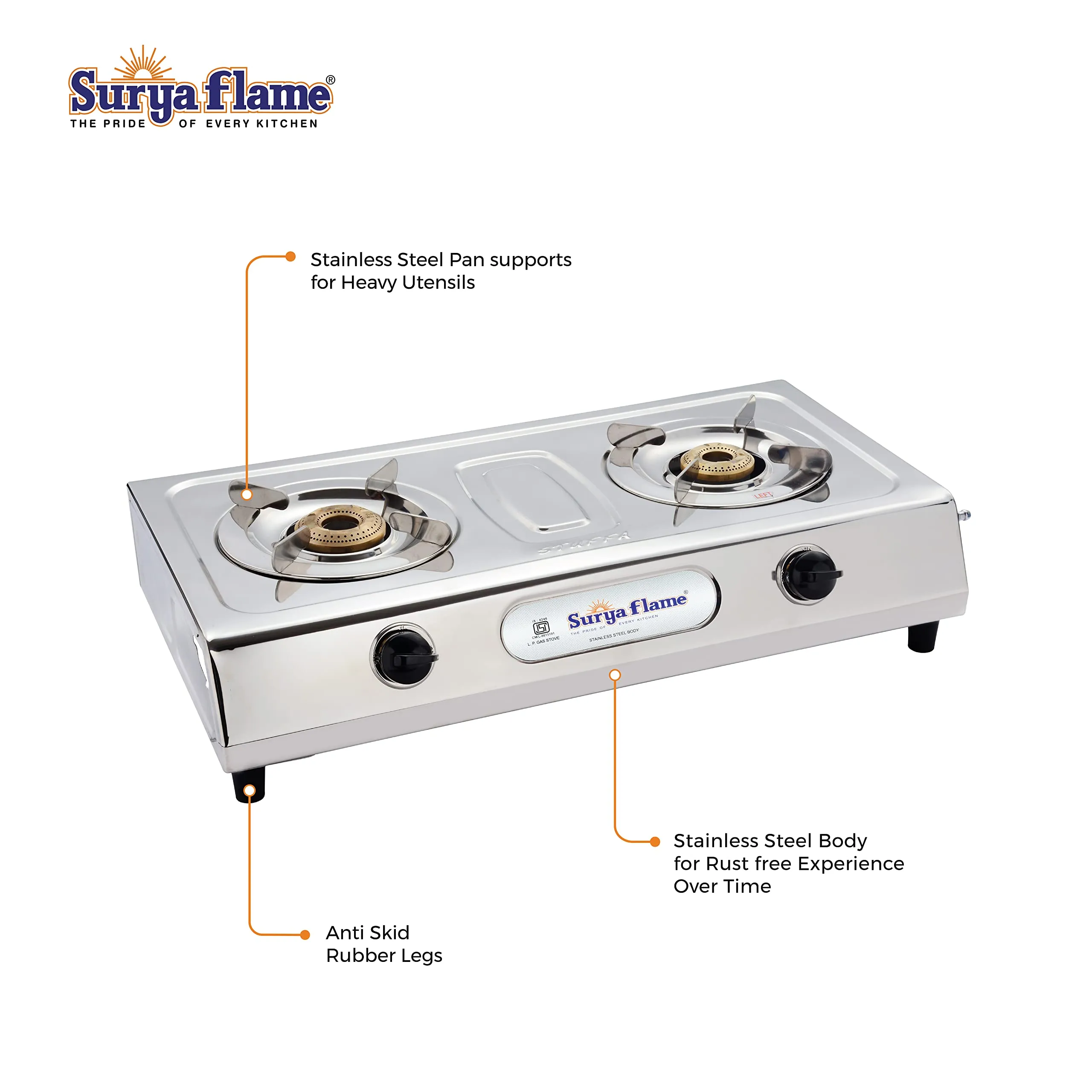 Surya Flame Ultimate Gas Stove 2 Burners Automatic LPG Stove | LPG Gas Dual Layer Rubber Hose Pipe 1.5M | Chrome Stainless Steel Gas Lighter (Pack of 2)