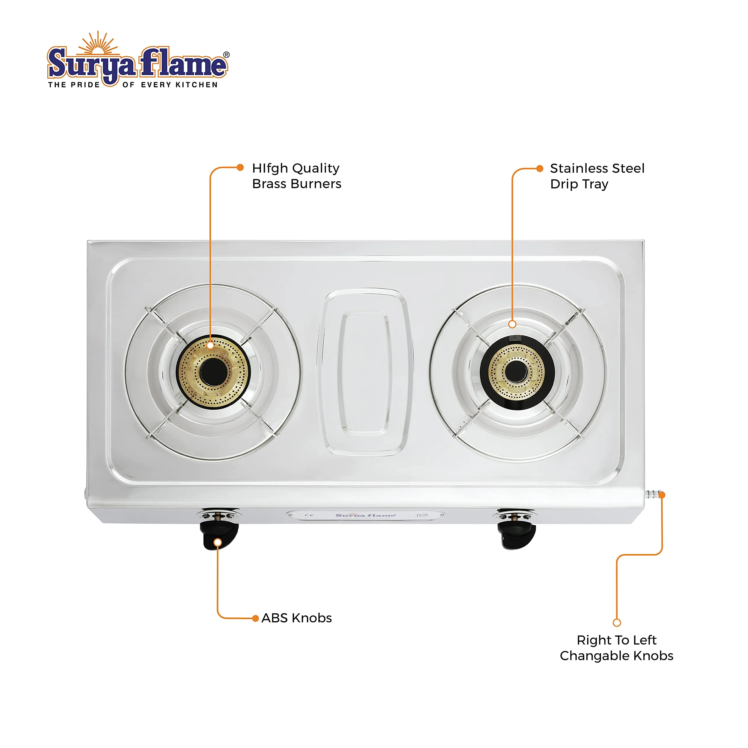 Surya Flame Ultimate Gas Stove 2 Burners Automatic LPG Stove | LPG Gas Dual Layer Rubber Hose Pipe 1.5M | Chrome Stainless Steel Gas Lighter (Pack of 2)