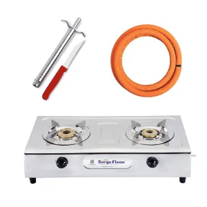 Surya Flame Ultimate Gas Stove 2 Burners Automatic LPG Stove | LPG Gas Dual Layer Rubber Hose Pipe 1.5M | Premier Stainless Steel Gas Lighter with Knife