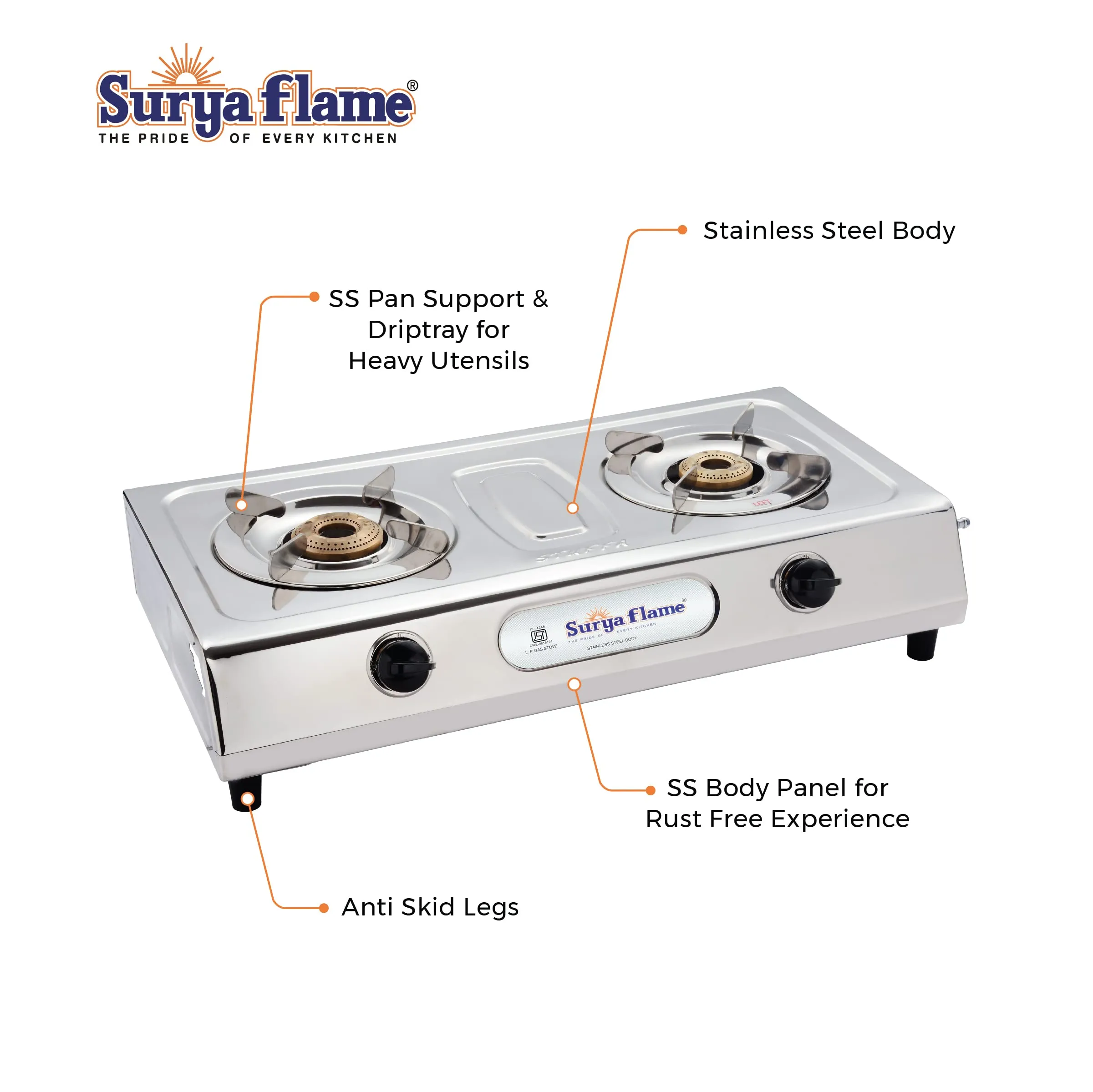 Surya Flame Ultimate Gas Stove 2 Burners Manual PNG Stove | LPG Gas Dual Layer Rubber Hose Pipe 1.5M | Premier Stainless Steel Gas Lighter with Knife