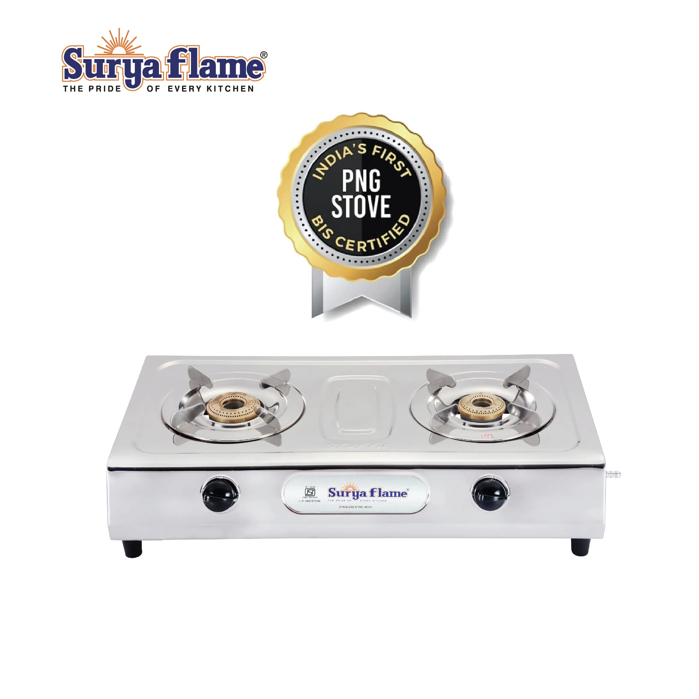 Surya Flame Ultimate Gas Stove 2 Burners Manual PNG Stove | LPG Gas Dual Layer Rubber Hose Pipe 1.5M | Premier Stainless Steel Gas Lighter with Knife