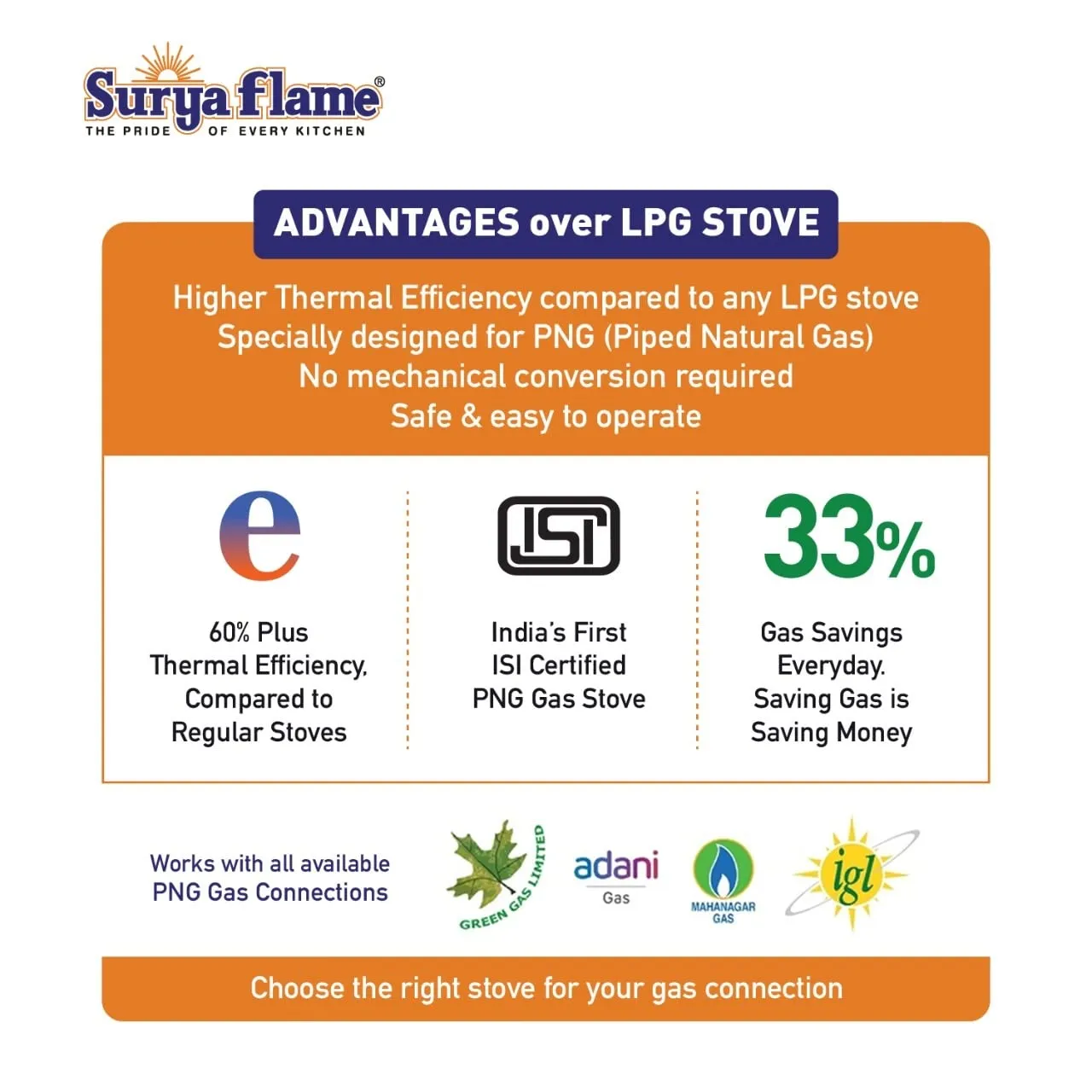 Surya Flame Ultimate PNG Gas Stove 2 Burners Stainless Steel Body Manual Direct use for Pipeline Gas - 2 Years Complete Doorstep Warranty