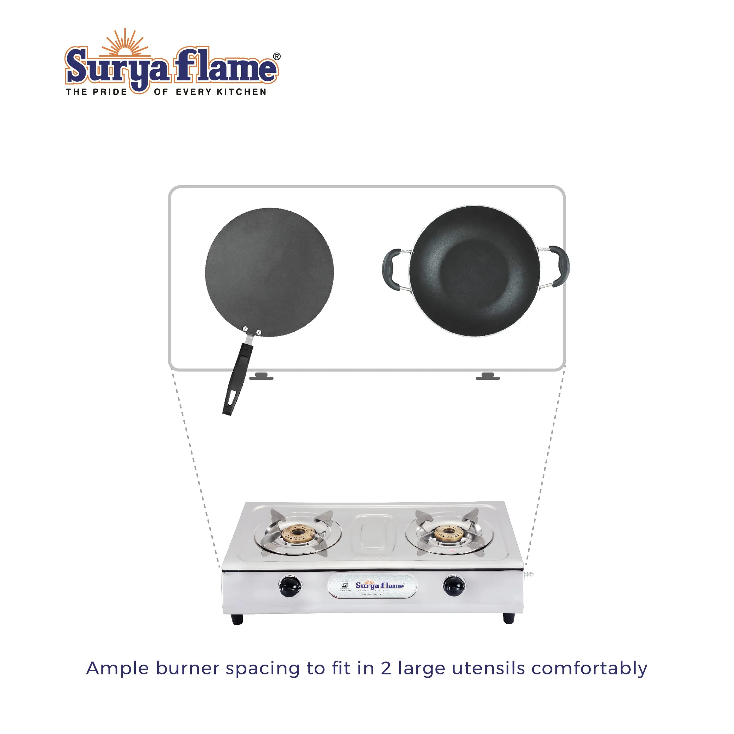 Surya Flame Ultimate PNG Gas Stove 2 Burners Stainless Steel Body Manual Direct use for Pipeline Gas - 2 Years Complete Doorstep Warranty