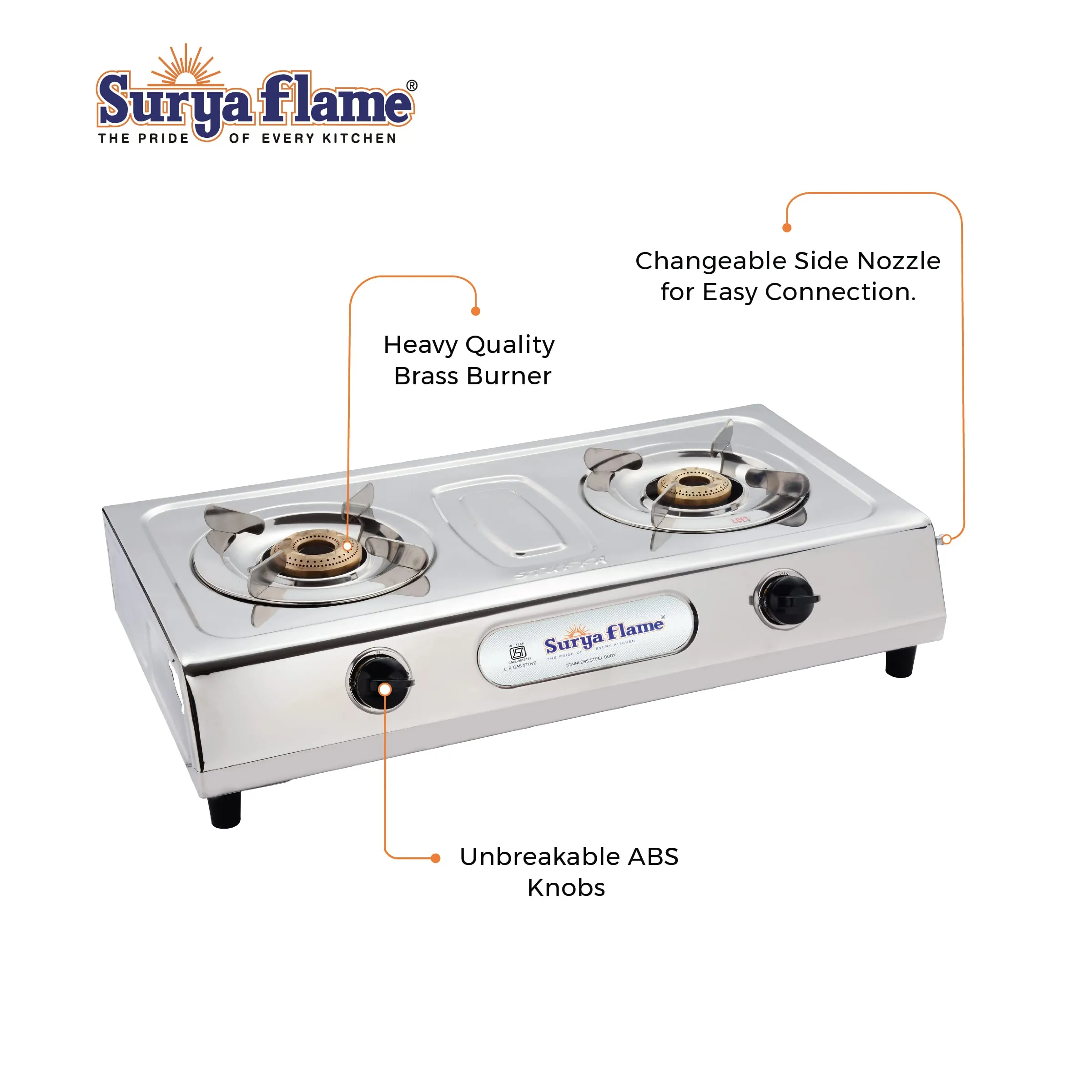 Surya Flame Ultimate PNG Gas Stove 2 Burners Stainless Steel Body Manual Direct use for Pipeline Gas - 2 Years Complete Doorstep Warranty