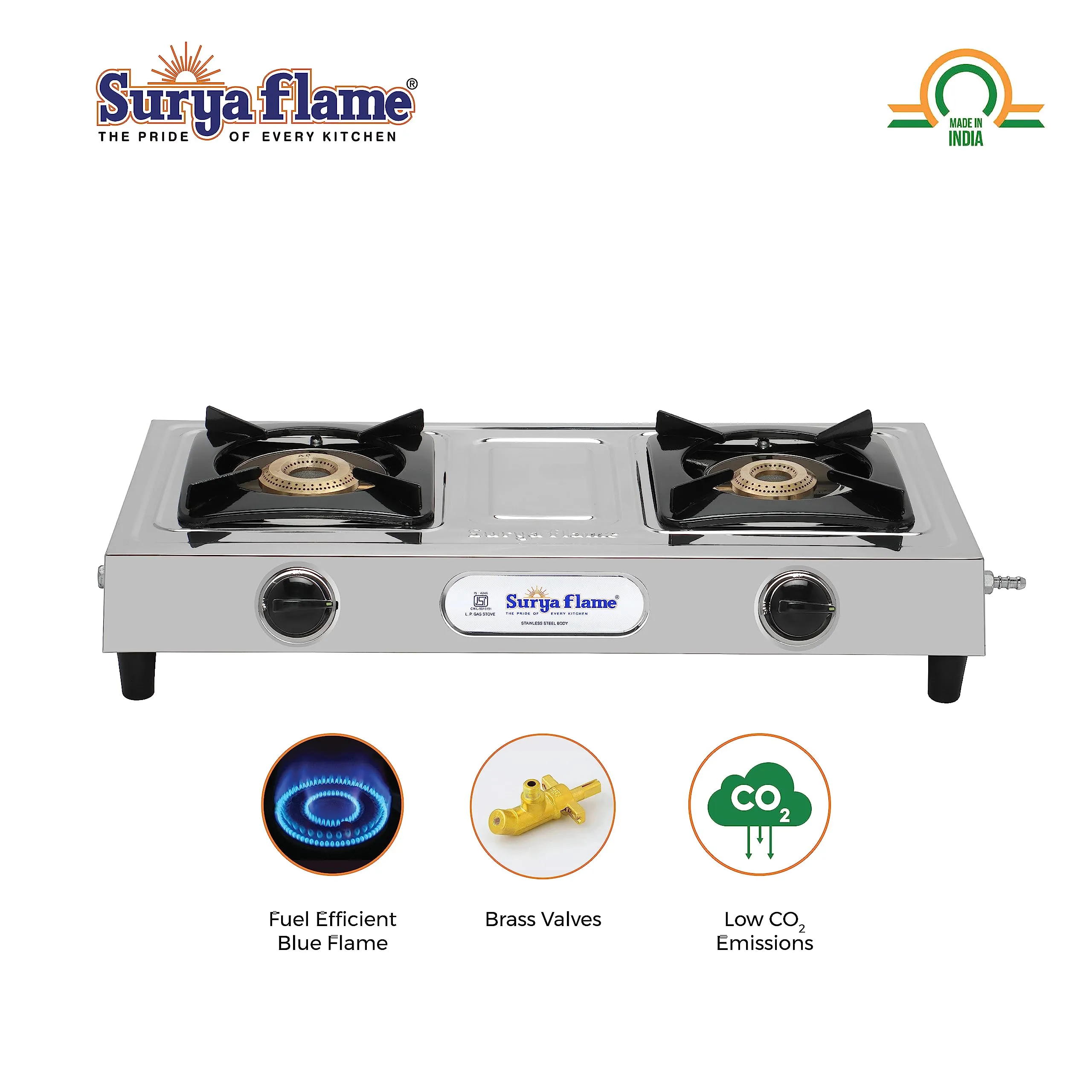 Surya Flame Venus Gas Stove 2 Burners | LPG Stove With Stainless Steel Pan Support | Anti Skid Rubber Legs - 2 Years Complete Doorstep Warranty (SS Body, 2)