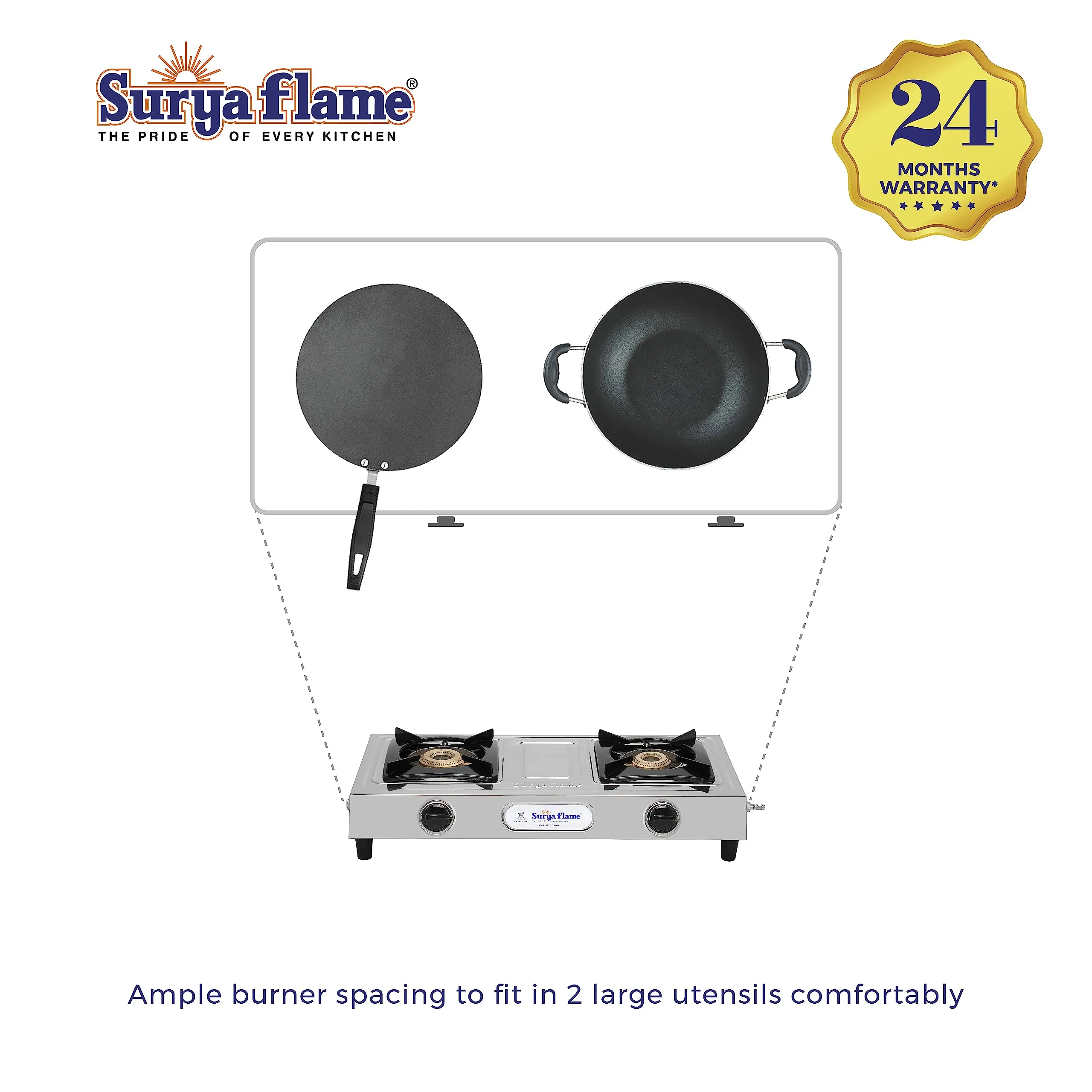 Surya Flame Venus Gas Stove 2 Burners | LPG Stove With Stainless Steel Pan Support | Anti Skid Rubber Legs - 2 Years Complete Doorstep Warranty (SS Body, 2)