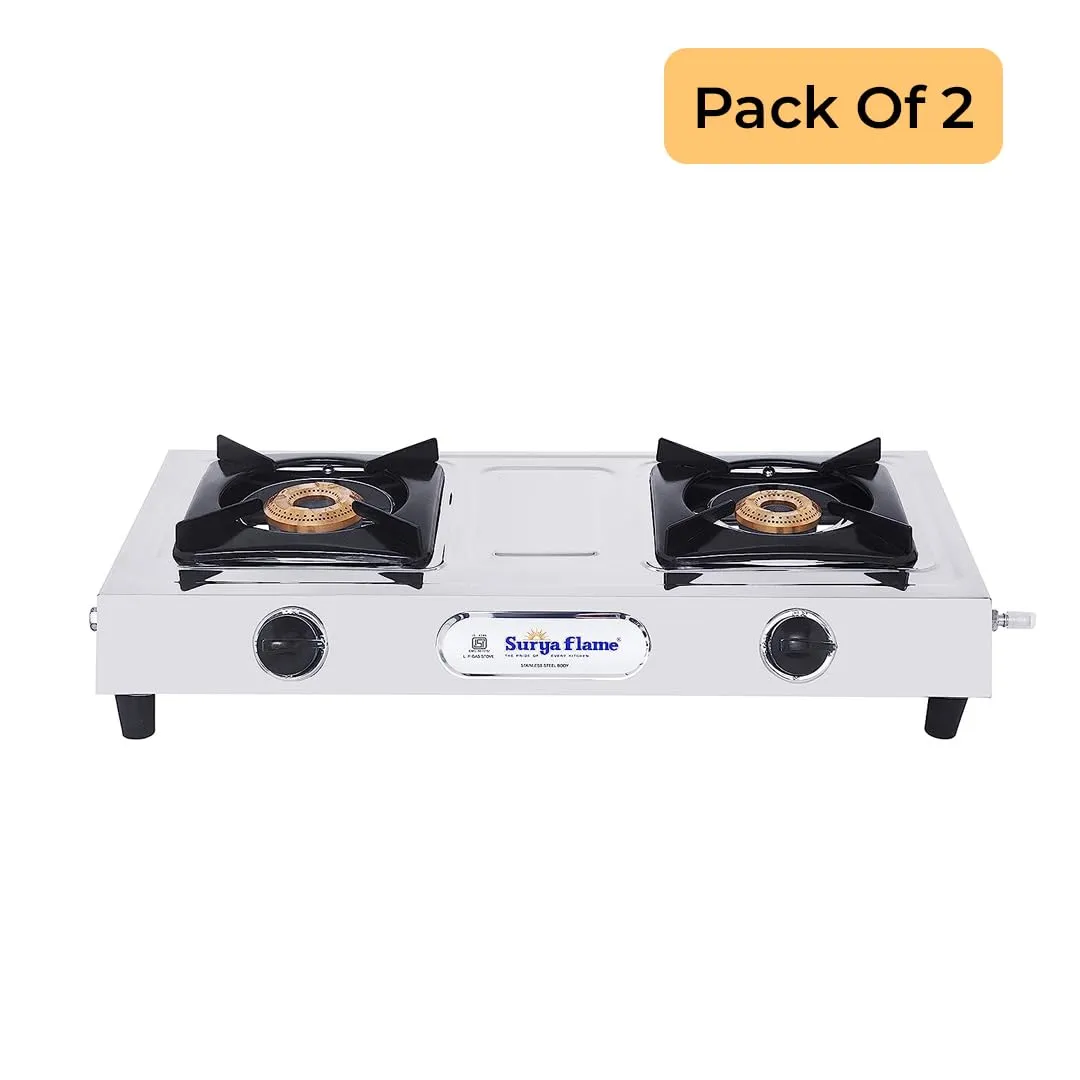 Surya Flame Venus Gas Stove 2 Burners | LPG Stove With Stainless Steel Pan Support | Anti Skid Rubber Legs - 2 Years Complete Doorstep Warranty (SS Body, 2)