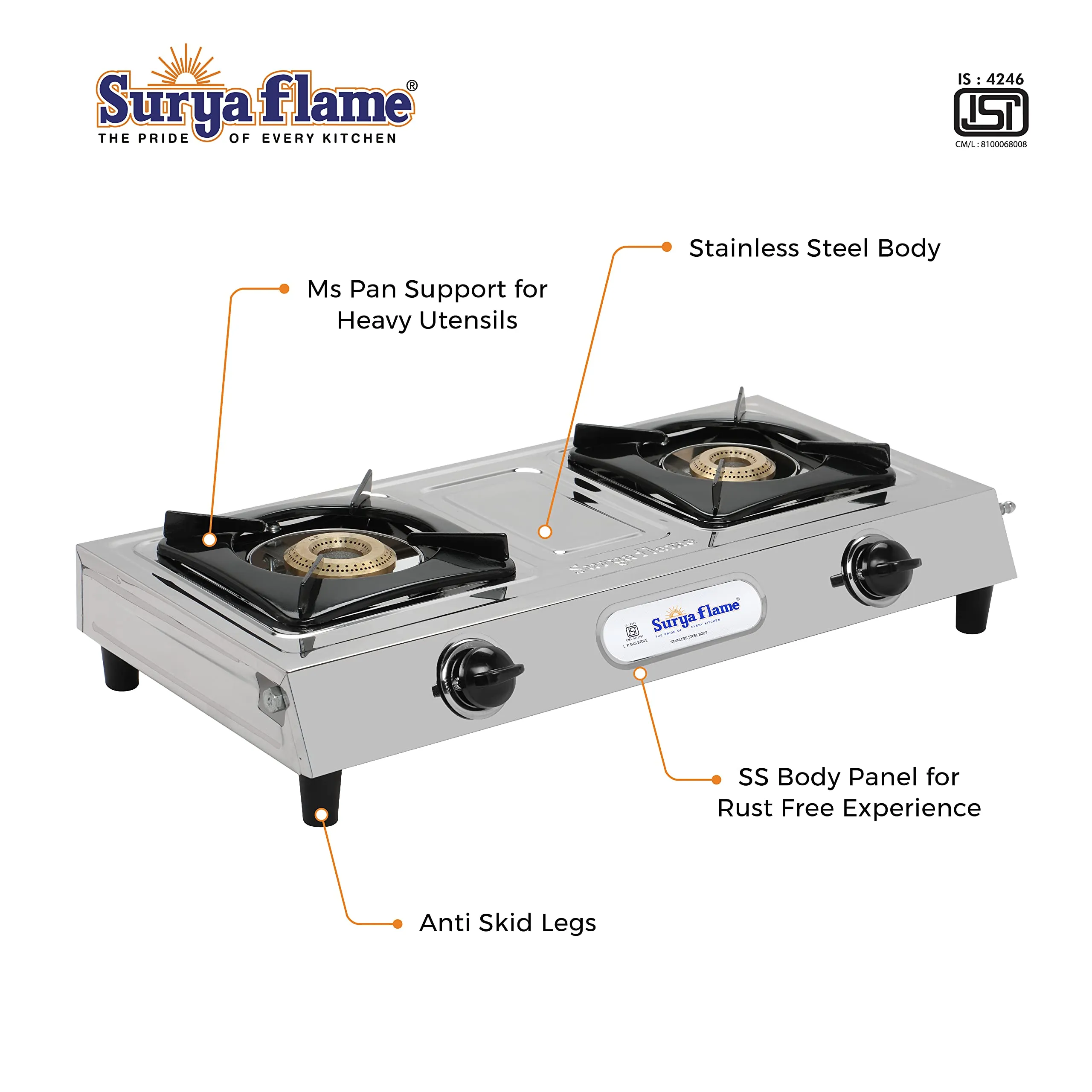 Surya Flame Venus Gas Stove 2 Burners | LPG Stove With Stainless Steel Pan Support | Anti Skid Rubber Legs - 2 Years Complete Doorstep Warranty (SS Body, 2)