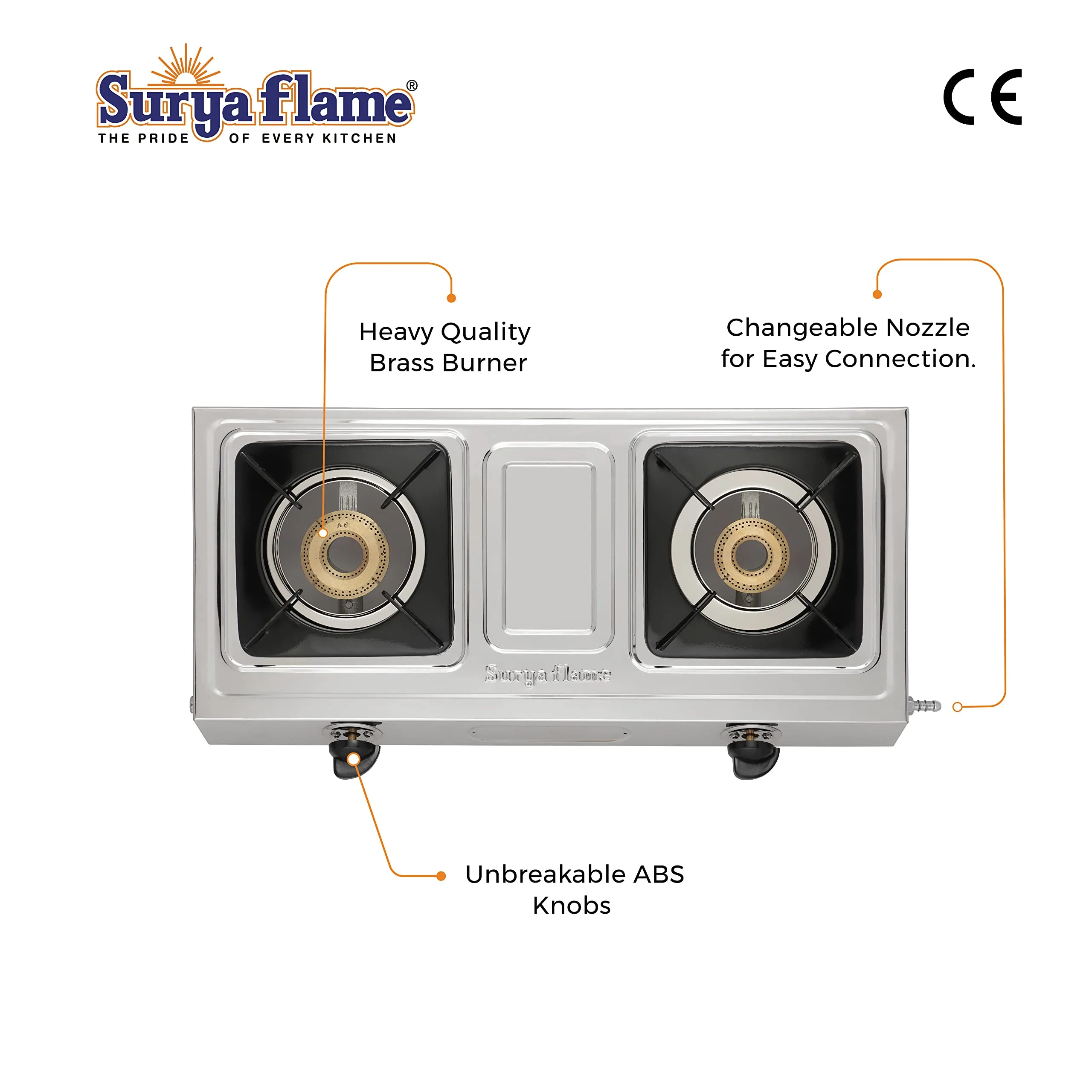 Surya Flame Venus Gas Stove 2 Burners | LPG Stove With Stainless Steel Pan Support | Anti Skid Rubber Legs - 2 Years Complete Doorstep Warranty (SS Body, 2)