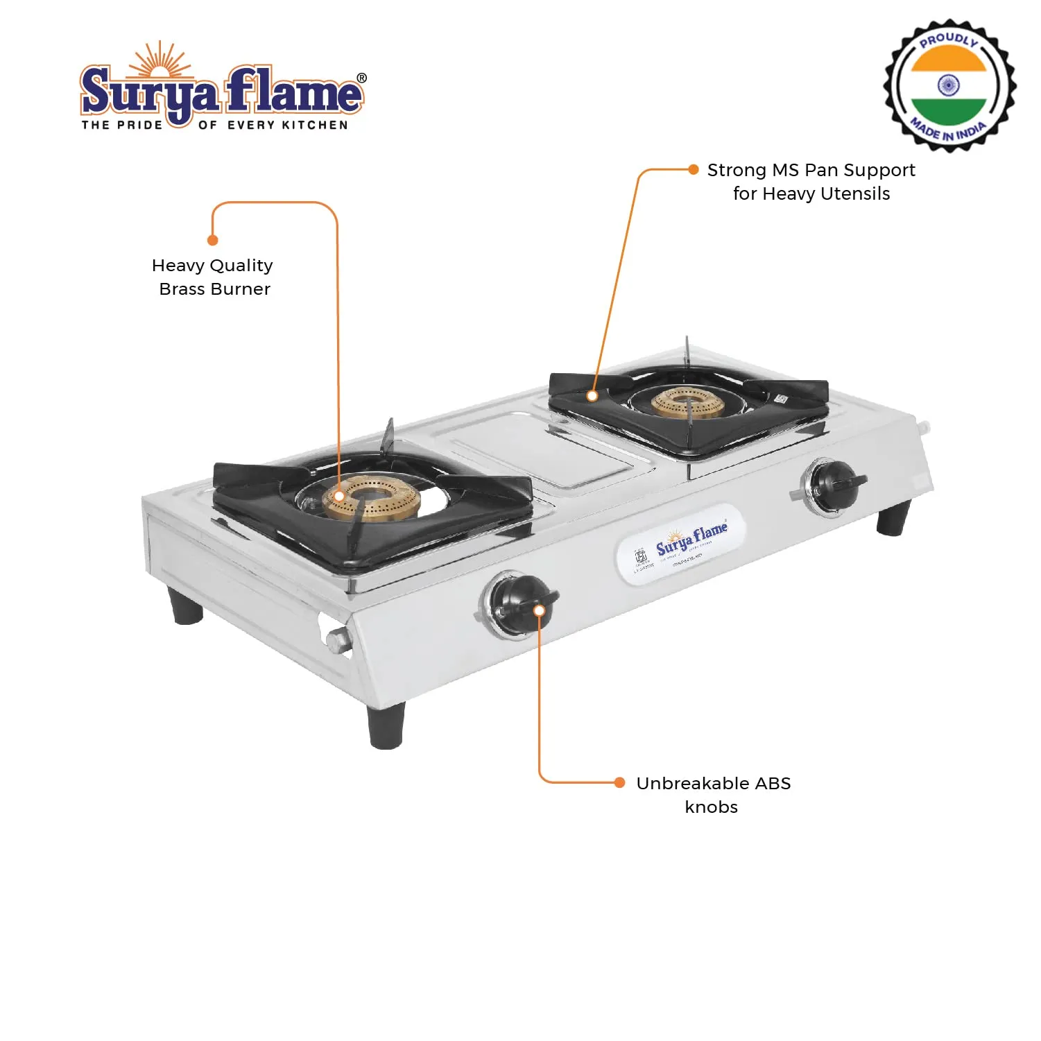 Surya Flame Venus Gas Stove 2 Burners | Stainless Steel Body | Manual LPG Stove With 69% Thermal Efficiency | Anti Skid Rubber Legs - 2 Years Complete Doorstep Warranty